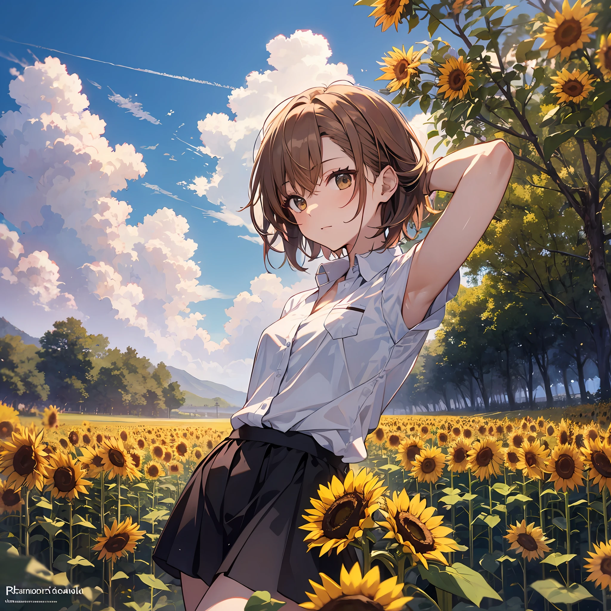巨作, beste-Qualit, Misaka_mikoto, Brown-eyed, Short_hair, Small_Breast,) Random Posing Camisa blanca sunflowers fields Random View
