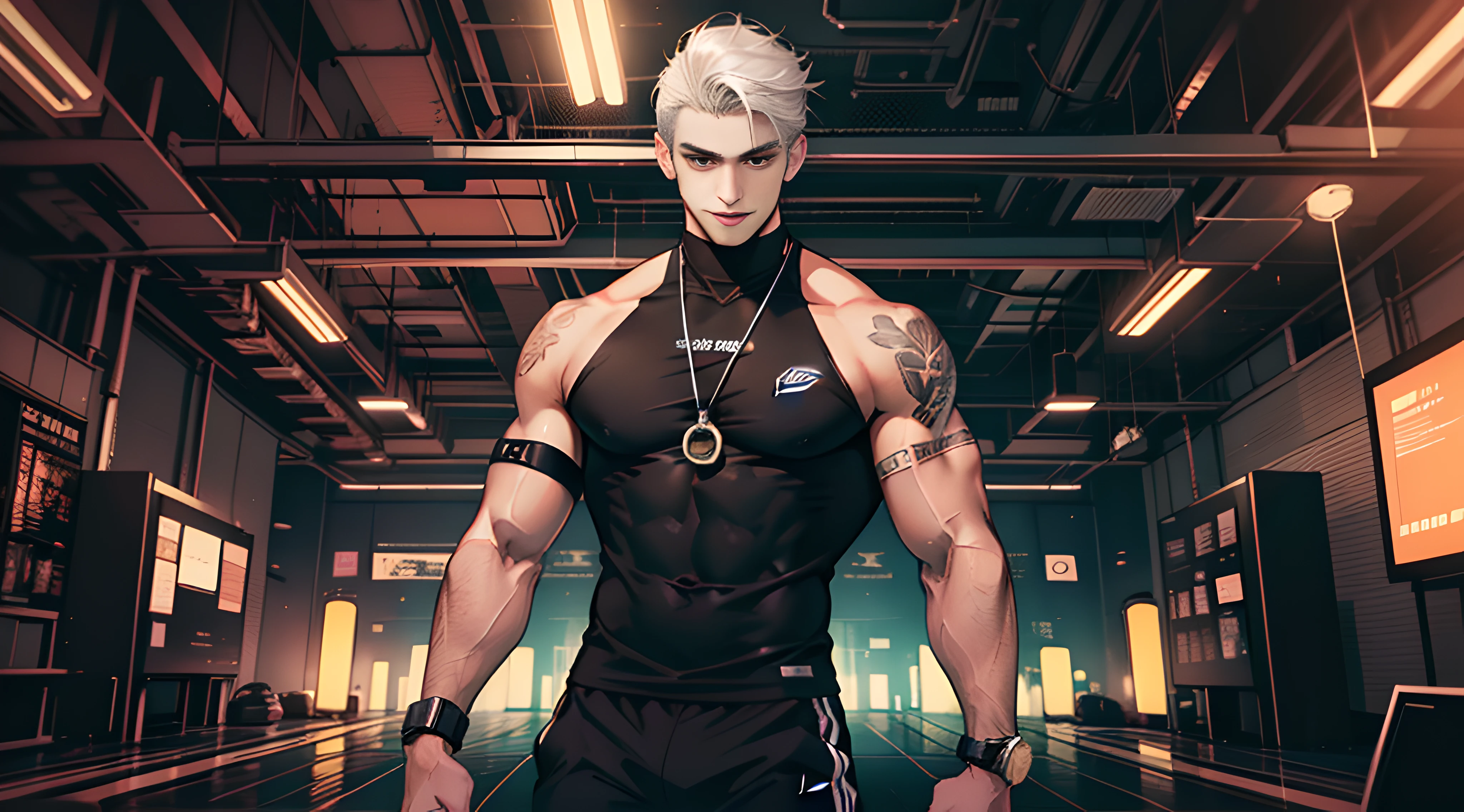 Best quality,masterpaintings,Ultra-high resolution fills the picture,A gym with a black and yellow color scheme,Night indoor black and yellow background color scheme,Neon lights,Sports trends,A male,A muscle,Toned body,idol,Black sportswear,Liquid color matching clothing,Complicated background,Weight instruments in the background,High-tech screen in the background,Sports equipment,Lateral face,A smug smile,Dress less,There are fitness elements in the rear,Nike brand,Tech gym,Perfect face,8K quality,Cyberpunk,sense of science and technology,Character backlighting,rim-light,Movement changes,short hair style,Loose hairstyle,Silver hair,The number of fingers is refined,Wear an electronic digital watch,Sports headphones,The most handsome boy in mankind,Dye hair,Delicate close-up of the face,Realistic image quality,Super light and shadow,Very good figure,English slogan neon,Runway lights,The brand name is(SONEAR FIT),Handsome boy,20 yrs old,Handsome