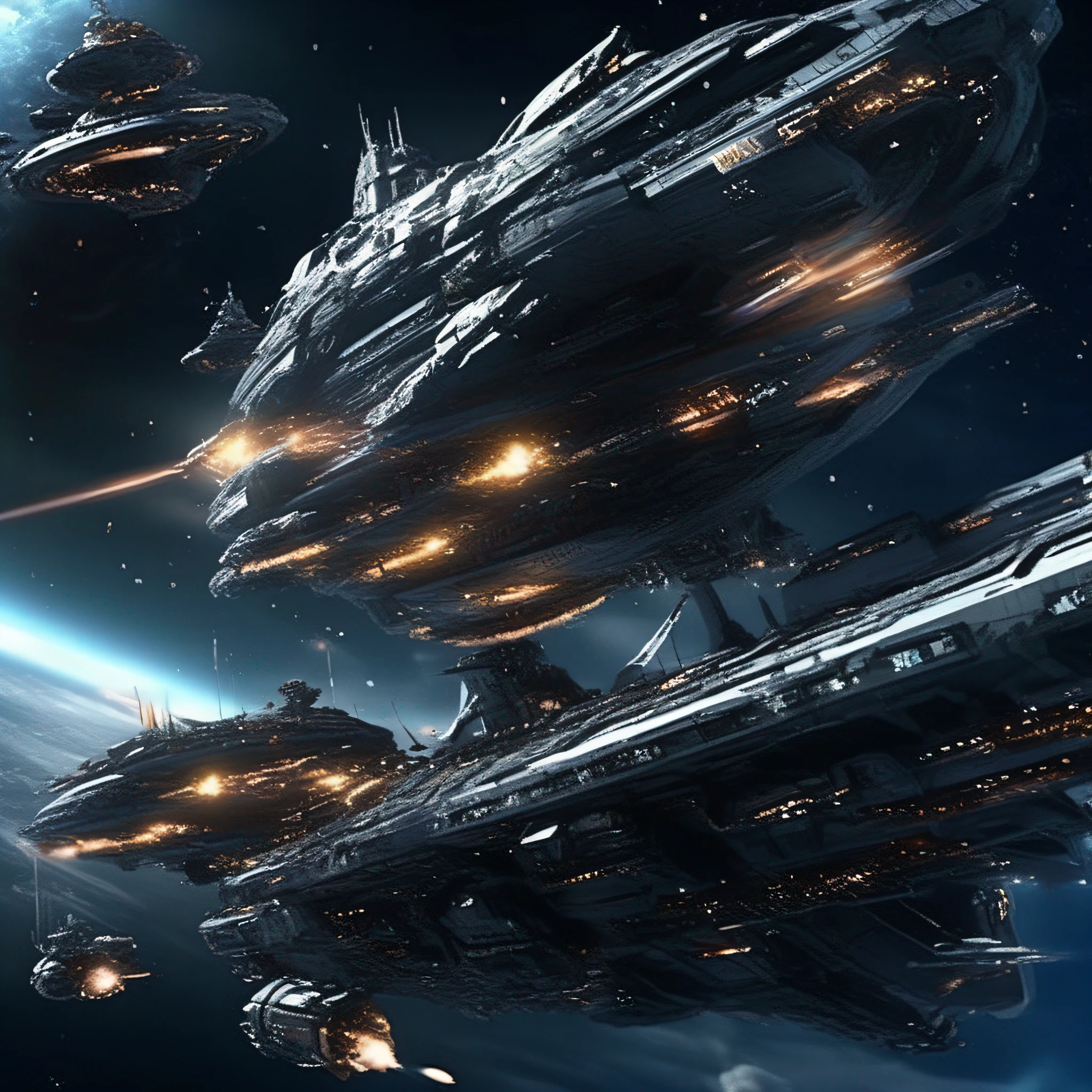 Space battleship、sci-fi movie、A futuristic world、Science fiction universe space、Bank Starfield、Saturn ring、Tech shines、Light energy magnetic levitation、Quantum collision、Time travel、ultra high def、hyper-detailing，Deep view、Lagrange，Shoot down and destroy enemy warships，exploding，ambiance，Planetary halos