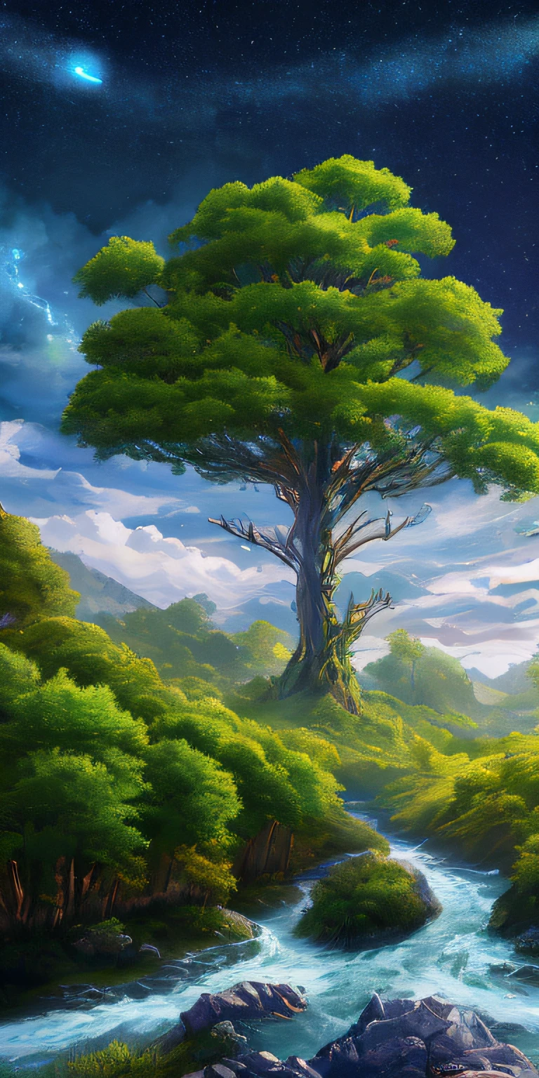 Illustration of a surreal, otherworldly, hyper sky scene including a giant crystal tree full body, highly detailed and magical lighting, intricate forest details, vegetation and surrounding river, solar punk, landscape, giant tree , beautiful green leaves, beautiful lighting and realistic proportions, as if this is a movie background, 8k, highest quality, masterpiece, clouds and stars in the sky.