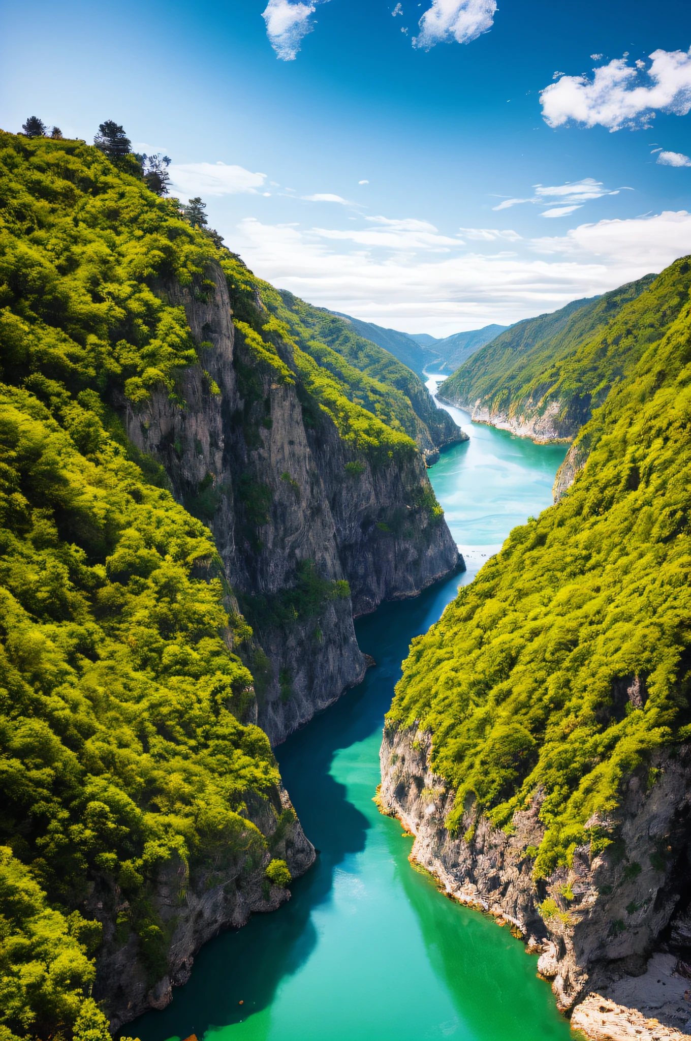 Masterpiece, ultimate quality, Cg unity 8k wallpaper, super delicate, beautiful sky and clouds, rich natural scenery, cliffs, lakes and rivers, waterfalls and flying water, beautiful green mountains, no trace of people, excellent scenery, has already won a photo contest, background Blurring, full depth of field, HDR high dynamics, true restoration, intricate, extreme details, dramatic presentation, perfectly presenting the style of midjourney art.