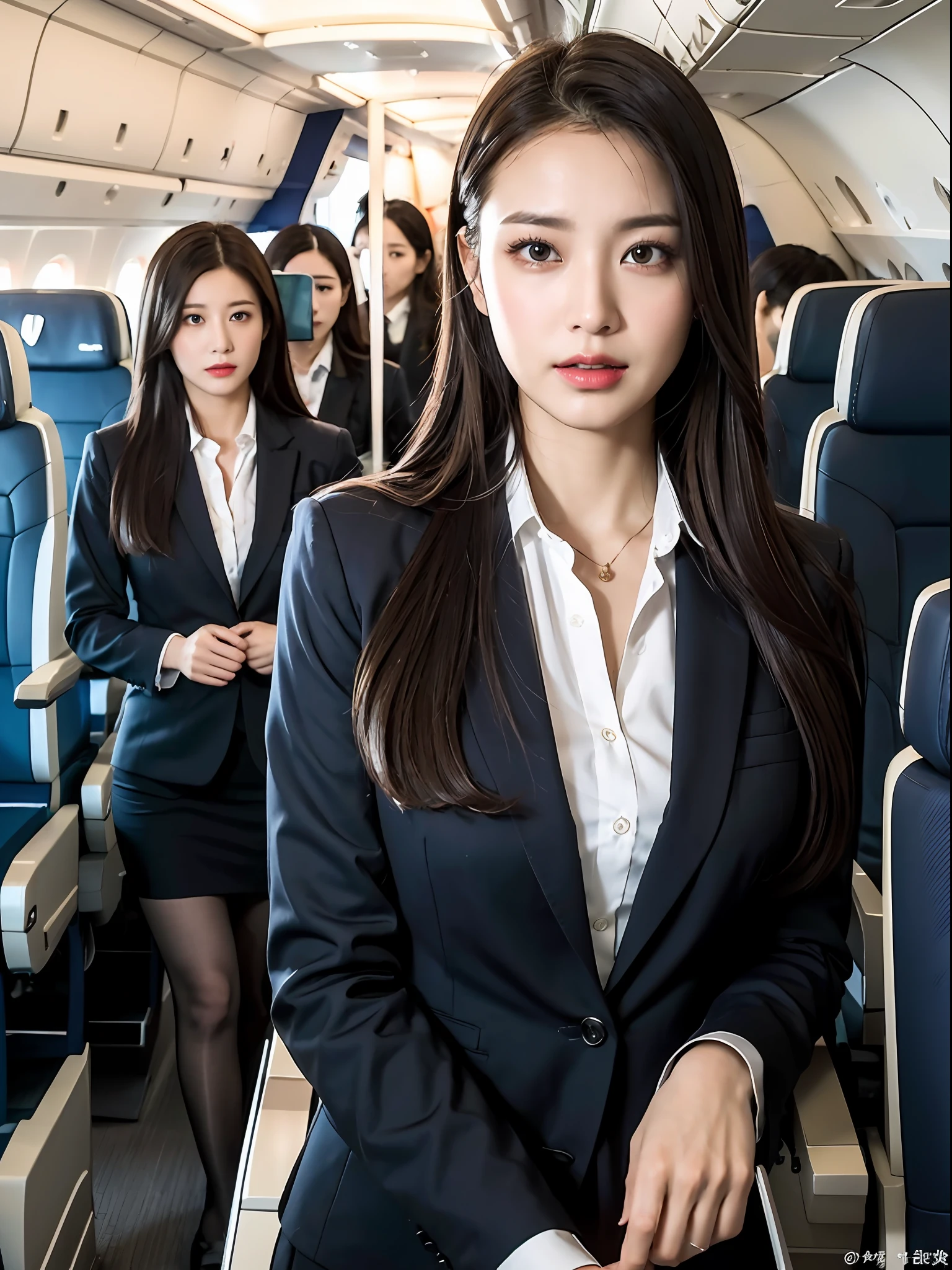 best quality, masterpiece, 8k, ultra high res, (photorealistic:1.4), highly detailed, intricate detail, delicate and beautiful, good lighting, professional lighting, sharp focus, detailed shadows, exquisite details and textures, depth of field, unity 8k wallpaper, cinematic composition, cinematic lighting, official art, Cabin Crew, flight attendant, black pantyhose, (aircraft, (Aircraft Corridor), Aircraft seats) beautiful elegant face, detailed face, detailed eyes, realistic hair, long hair, (1girl), (standing:1.3),