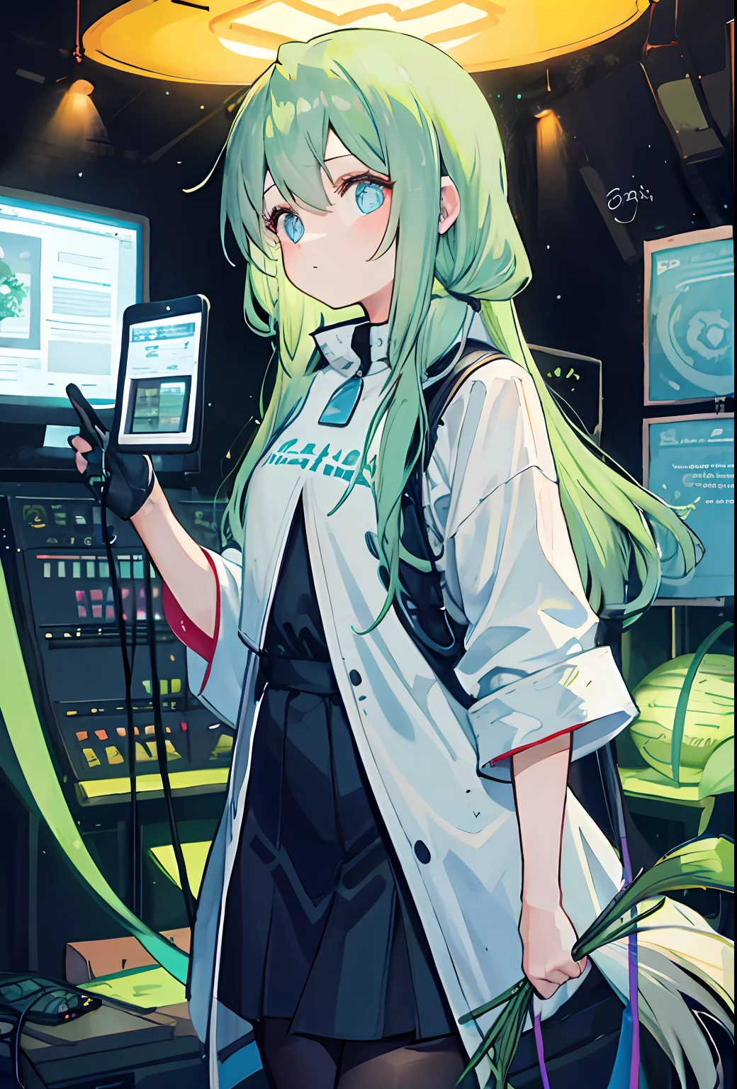 A tech-style girl，Narration is being made，In the studio，a horsetail，Ambient lighting，