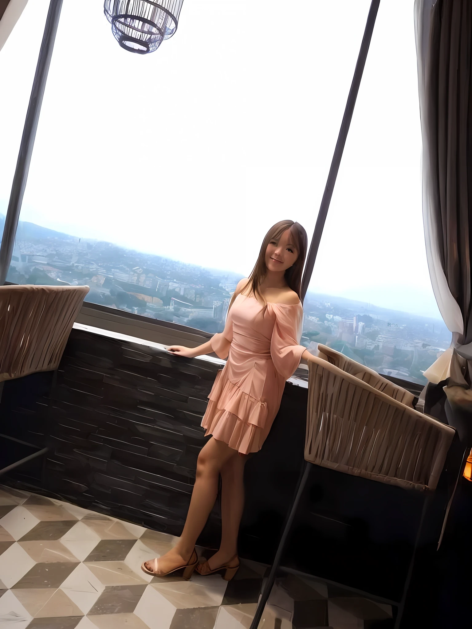 there is a woman standing on a balcony with a view of the city, nice view, on rooftop, great view, dang my linh, high quality upload, very clear view, photoshoot, beautful view, with a city in the background, in dress, at the terrace, beautiful view, very high view, paradise in the background