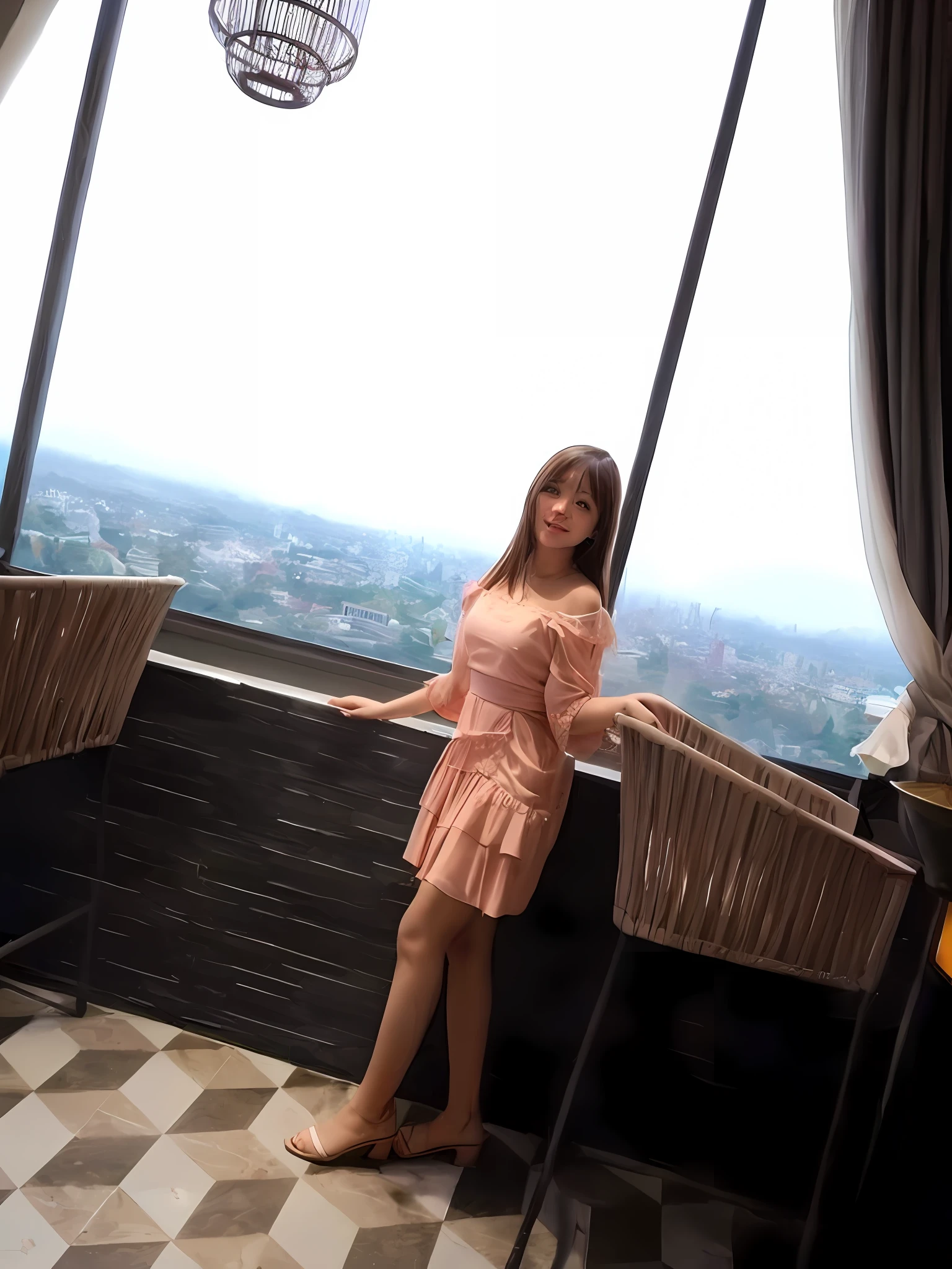 there is a woman standing on a balcony with a view of the city, nice view, on rooftop, great view, dang my linh, high quality upload, very clear view, photoshoot, beautful view, with a city in the background, loli in dress, at the terrace, beautiful view, very high view, paradise in the background