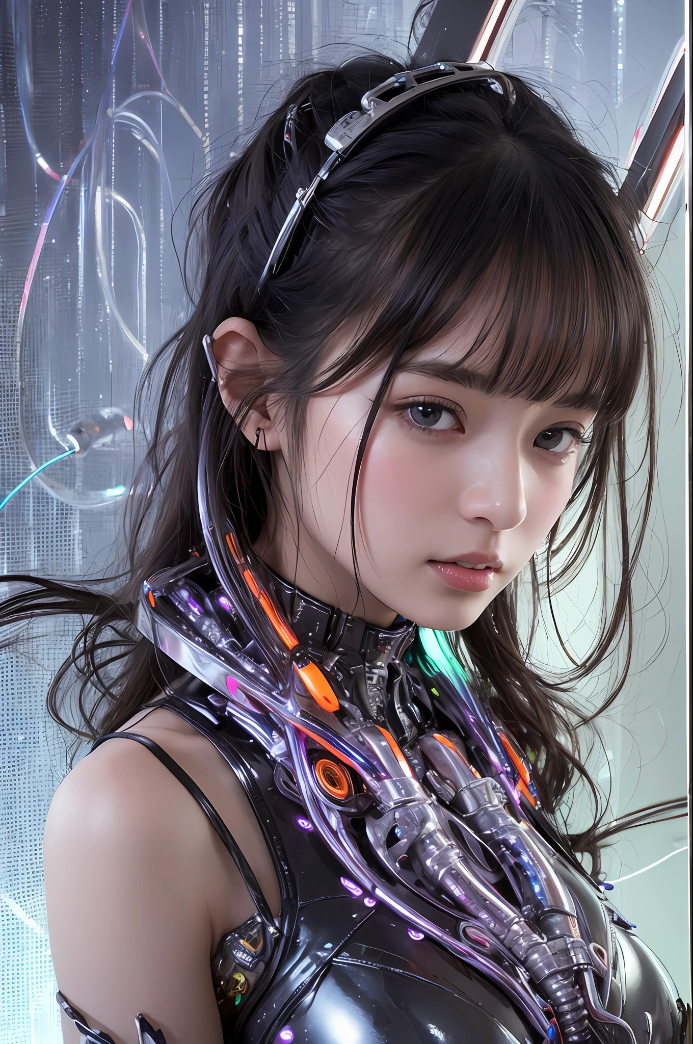 beste-Qualit、巨作、ultra-high-resolution、(photo- realistic:1.4)、Raw photo、女の子1人、Black hair、glowy skin、Cyberpunk Suit、((hyper realistic detail))、portlate、Global Illumination、Shadow、octan render、in 8K、ultrasharp、巨乳、Raw skin is exposed in cleavage、metals、Details of complex ornaments、Indian Hindu Detail、Luminous tube、extremely intricate detail、Realistic light、CGSoation Trends、purple-eyed、radiant eyes、Facing the camera、neon details、Mechanical limbs、blood vessels connected to tubes、Mechanical vertebrae attached to the back、mechanical cervical attaching to neck、sitting on、Wires and cables connecting to the head、Small LED lamp、The background is a futuristic city、