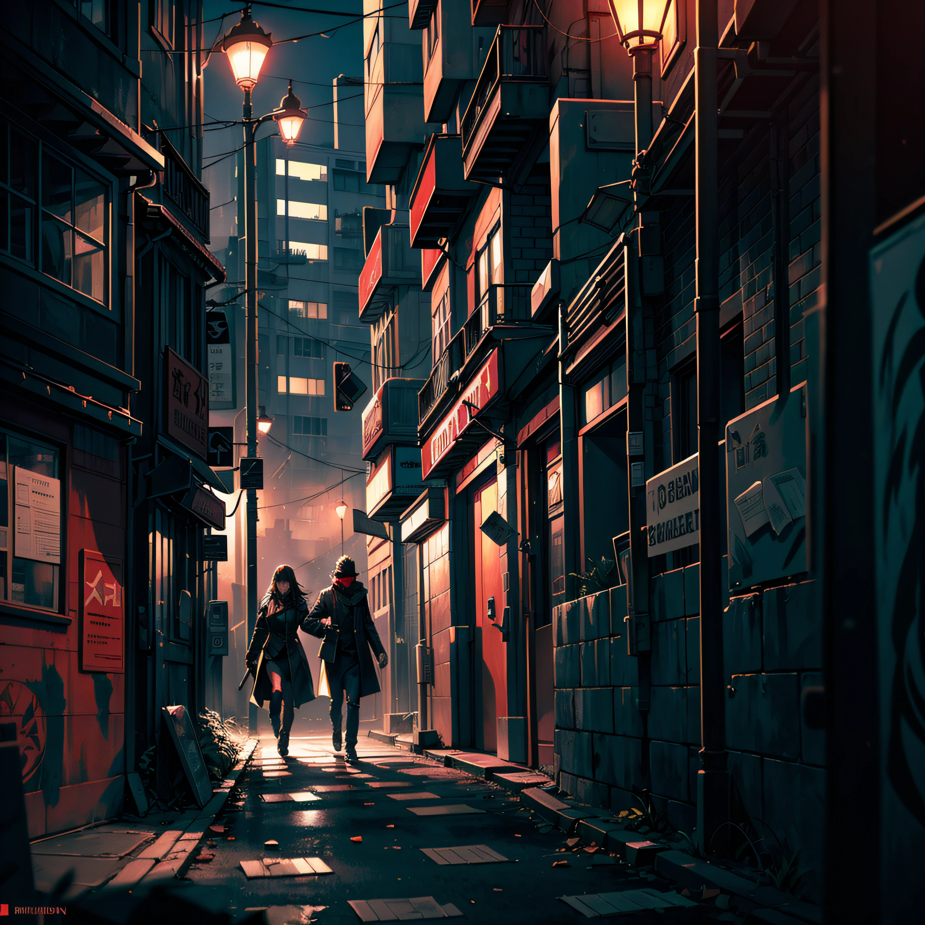 samurai girl, running away from corrupted cop, in middle of the town, post apocalyptic, wasteland, market town, samurai theme, ronin, japanese style with hint of cyber. --auto