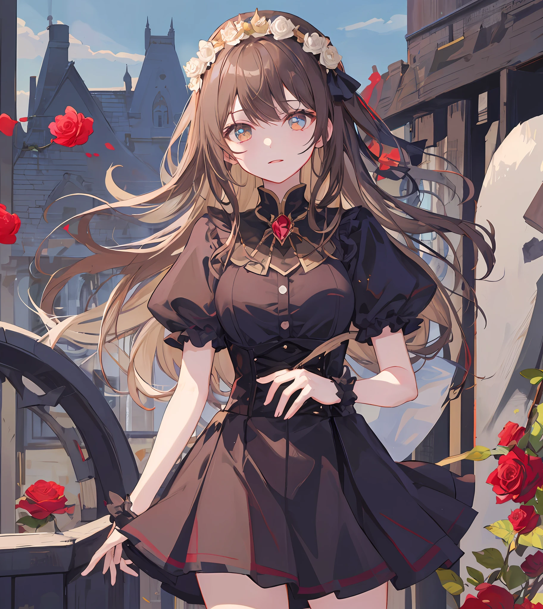 Masterpiece quality，The best quality assurance。A brown hair、Cute girl with golden eyes。She looks very arrogant，Wearing a short Gothic skirt，Exudes magic，With a rose headdress，English-style top，Long hair flutters in the wind，Playful and cute