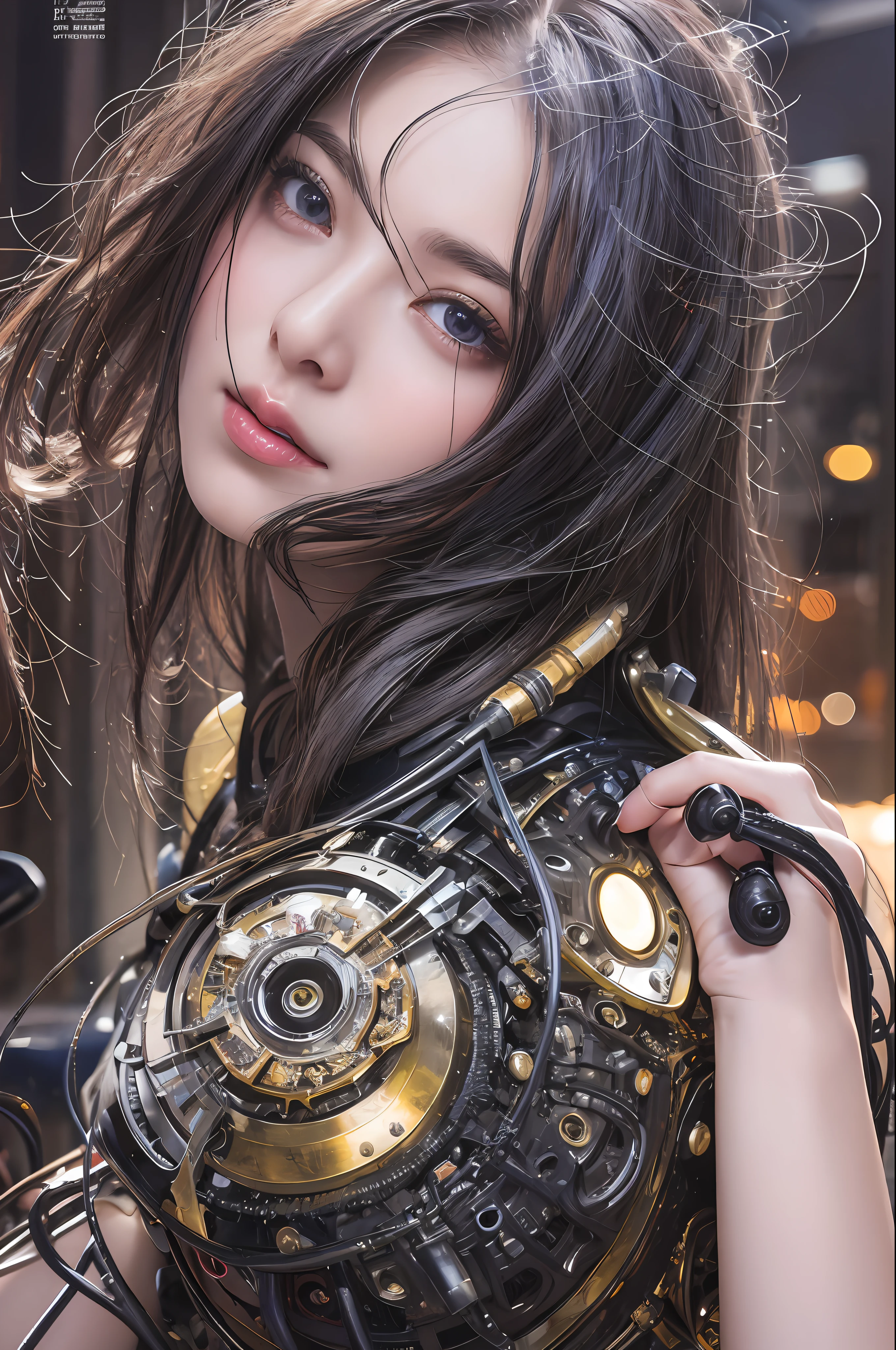 beste-Qualit、巨作、ultra-high-resolution、(photo- realistic:1.4)、Raw photo、女の子1人、Black hair、glowy skin、Cyberpunk Suit、((hyper realistic detail))、portlate、Global Illumination、Shadow、octan render、in 8K、ultrasharp、巨乳、Raw skin is exposed in cleavage、metals、Details of complex ornaments、Indian Hindu Detail、Luminous tube、extremely intricate detail、Realistic light、CGSoation Trends、purple-eyed、radiant eyes、Facing the camera、neon details、Mechanical limbs、blood vessels connected to tubes、Mechanical vertebrae attached to the back、mechanical cervical attaching to neck、sitting on、Wires and cables connecting to the head、Small LED lamp、The background is a futuristic city、