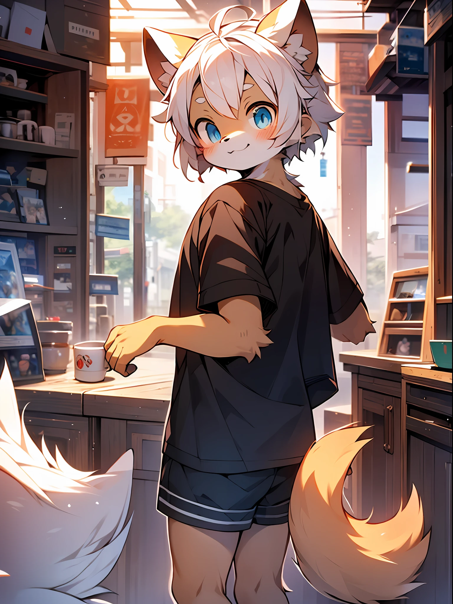 (Light yellow fur， Detailed fur， Light blue eyes， Off-white hair)， lovly， to stand， Master masterpieces， A high resolution， 8K， detailedbackground， high qulity， Libido boy，male people，（by Dagasi： 1.1）， 独奏，T-shirt with slogan emblazoned，Cafe，smil