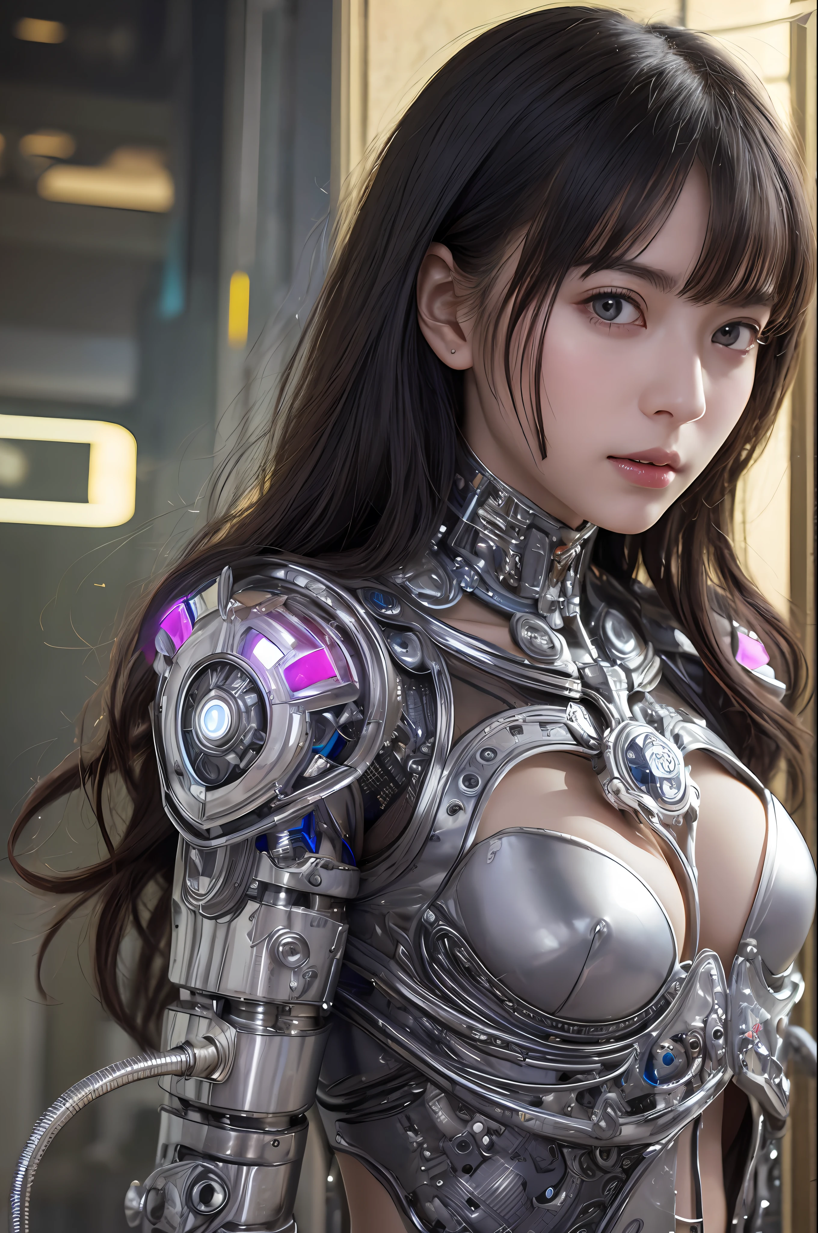 beste-Qualit、巨作、ultra-high-resolution、(photo- realistic:1.4)、Raw photo、女の子1人、Black hair、glowy skin、Cyberpunk Suit、((hyper realistic detail))、portlate、Global Illumination、Shadow、octan render、in 8K、ultrasharp、巨乳、Raw skin is exposed in cleavage、metals、Details of complex ornaments、Indian Hindu Detail、Luminous tube、extremely intricate detail、Realistic light、CGSoation Trends、purple-eyed、radiant eyes、Facing the camera、neon details、Mechanical limbs、blood vessels connected to tubes、Mechanical vertebrae attached to the back、mechanical cervical attaching to neck、sitting on、Wires and cables connecting to the head、Small LED lamp、The background is a futuristic city、