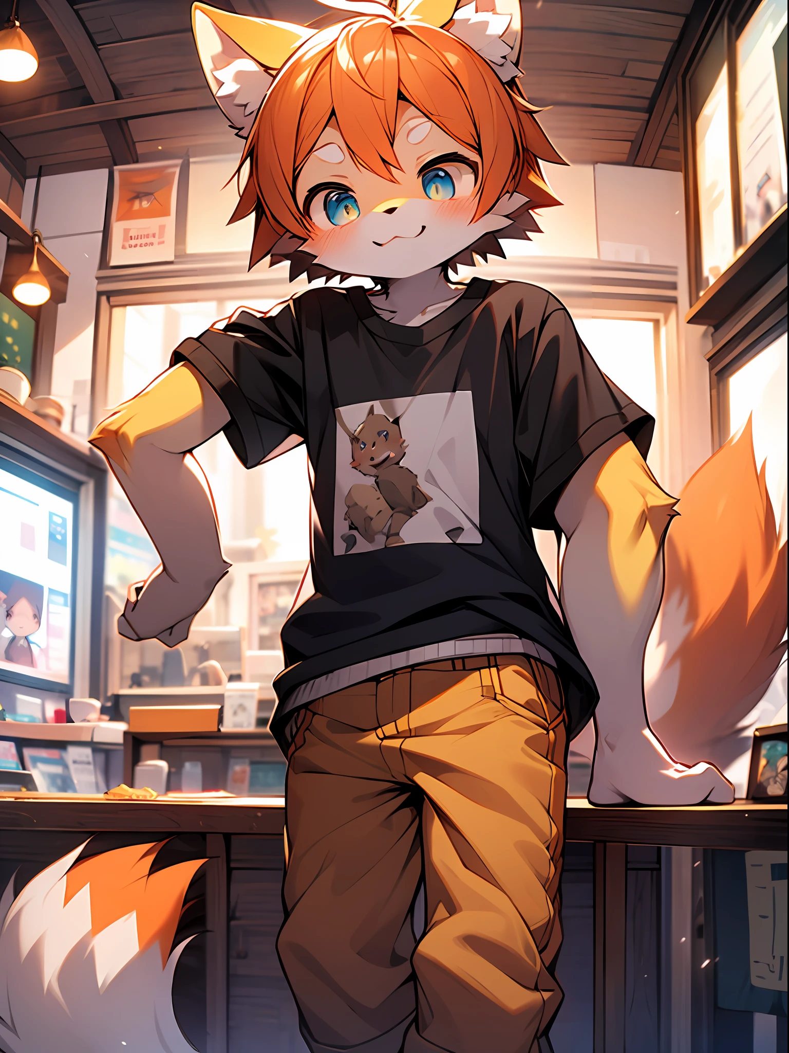 (Light yellow fur, Detailed fur, blue eyess, orange color hair), lovly, to stand, Master masterpieces, A high resolution, 8k, detailedbackground, high qulity, Libido boy,male people,(by Dagasi: 1.1), 独奏,T-shirt with slogan emblazoned,Cafe,smil