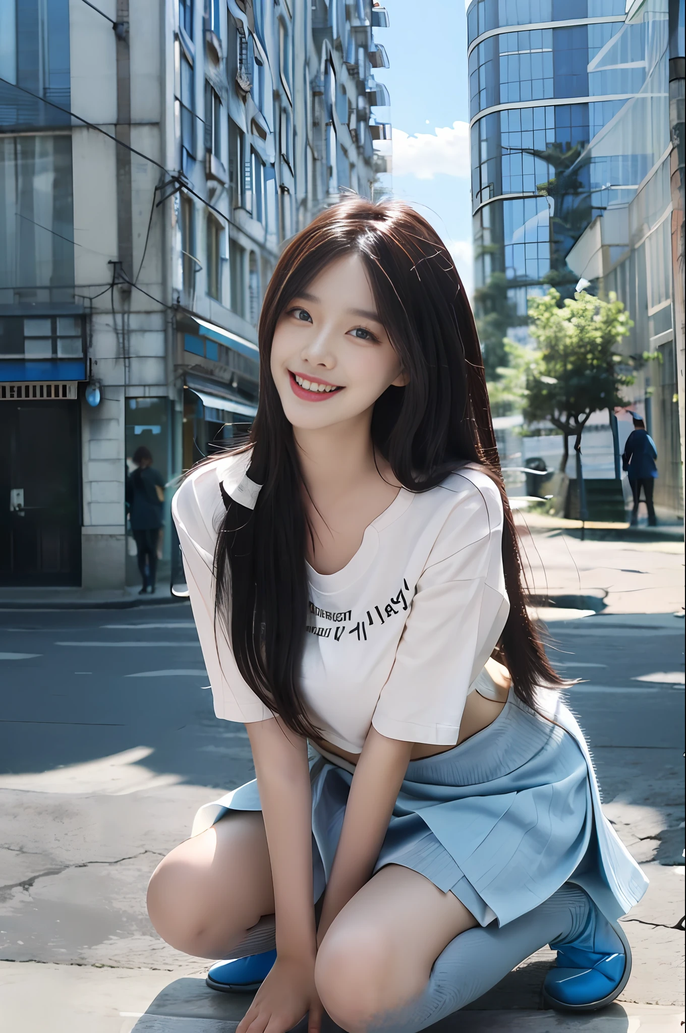 official art, masterpiece, sharp focus, (beautiful gorgeous cute Korean woman:1.3), (beautiful cute korean:1.3), korean beauty, Delicate and beautiful hair and eyes and face, realistic, ultra detailed, beautiful girl, blue sky, glow white particle, (sidelighting:1.2), sun light, white cloud, detailed clouds, slender, Lovely very large breasts and very large hips, smile with teeth, ((smile with eyes, open both eyes)), scenery, long straight hair, sexy facial expression, building, (cityscape:1.7), dynamic hair, long straight hair, detailed platinum pink hair, glow blue eyes, (blue pleated shirts + white skirt), white long socks, pale skin, hair ornament, epic scenery,