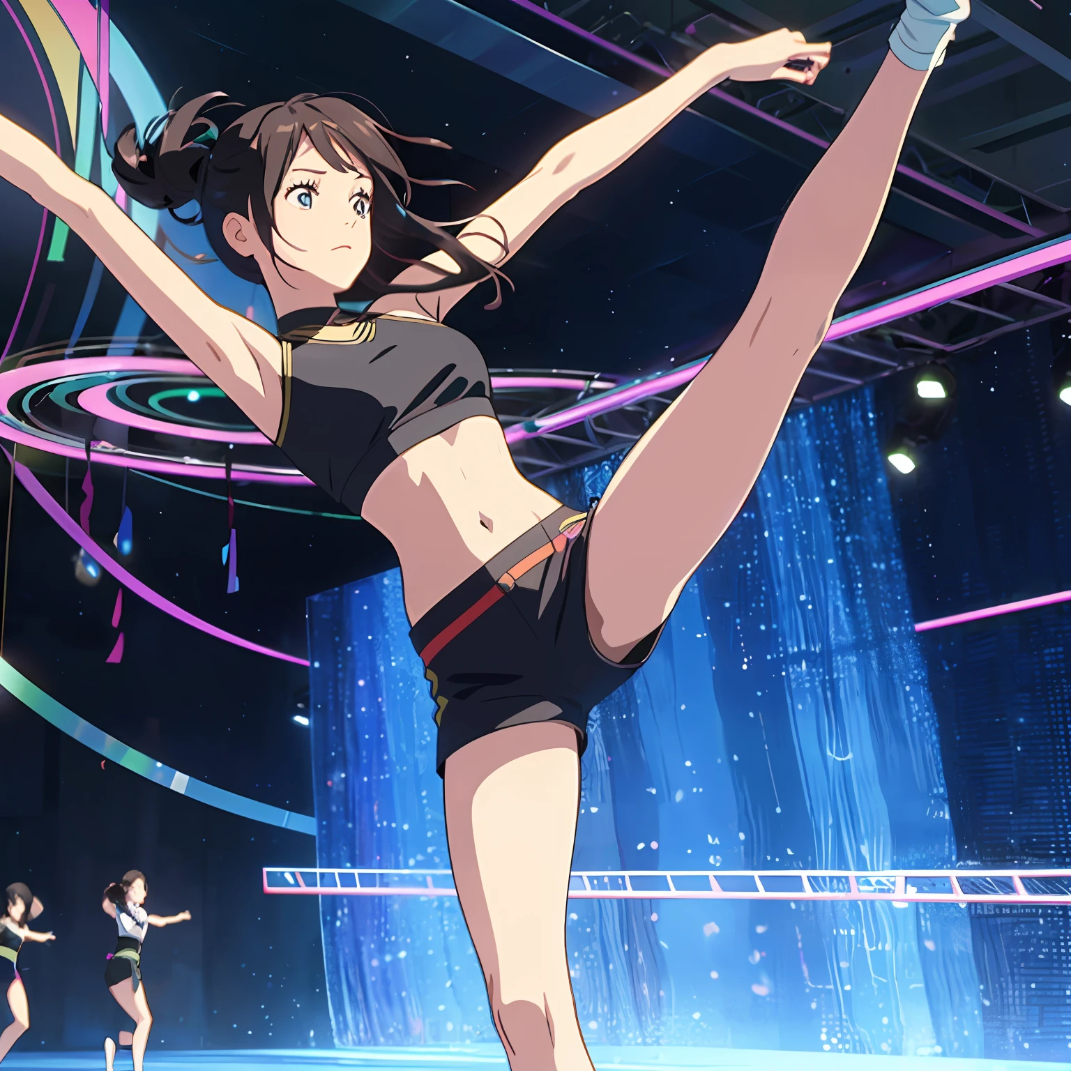 Young woman in crop top and shorts、Dancing in the park。　"graceful,” “energetic,” “dynamic,” “synchronized,” “fluid,” “rhythmic,” and “expressive.” --auto