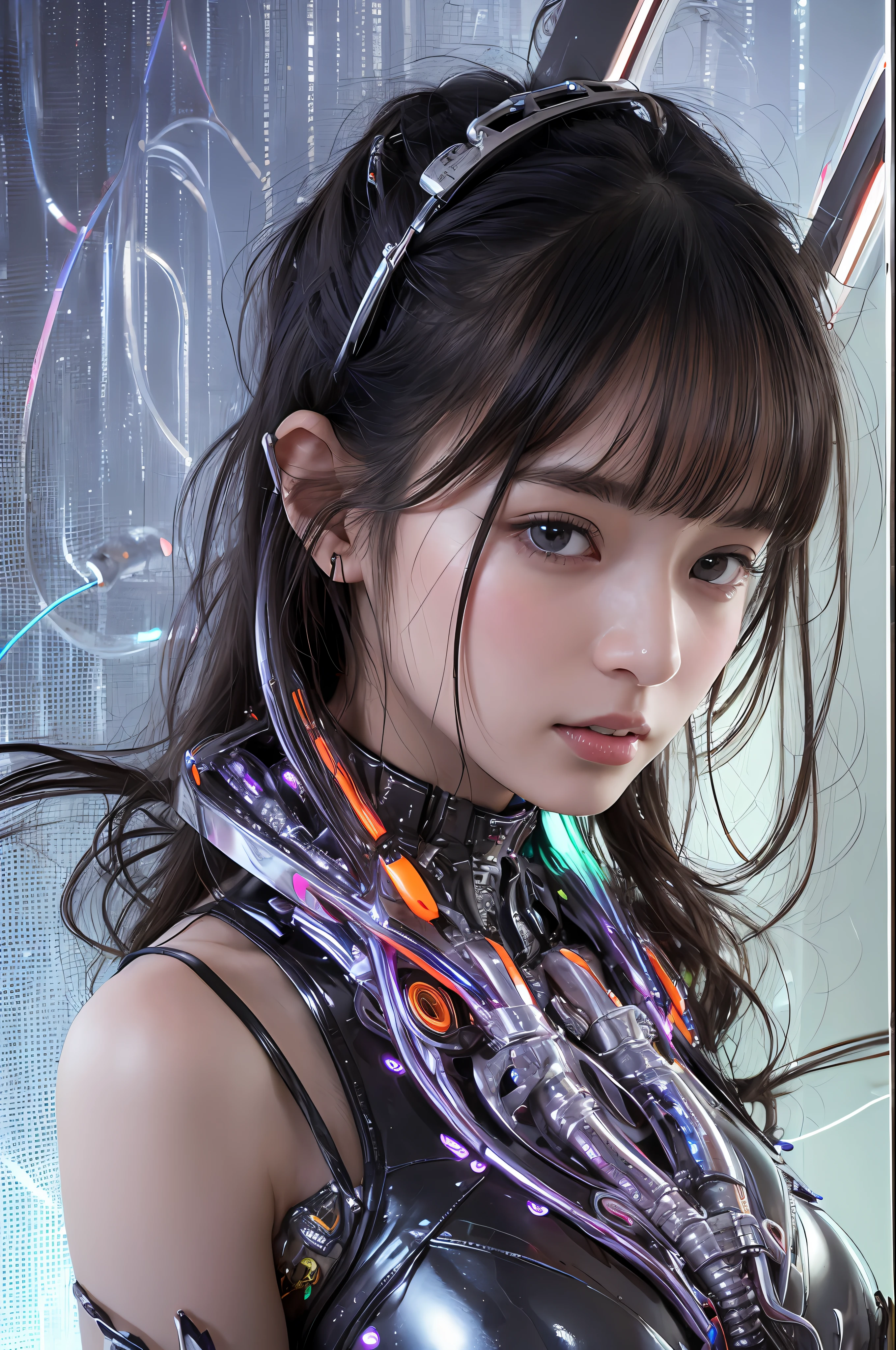 beste-Qualit、巨作、ultra-high-resolution、(photo- realistic:1.4)、Raw photo、女の子1人、Black hair、glowy skin、Cyberpunk Suit、((hyper realistic detail))、portlate、Global Illumination、Shadow、octan render、in 8K、ultrasharp、巨乳、Raw skin is exposed in cleavage、metals、Details of complex ornaments、Indian Hindu Detail、Luminous tube、extremely intricate detail、Realistic light、CGSoation Trends、purple-eyed、radiant eyes、Facing the camera、neon details、Mechanical limbs、blood vessels connected to tubes、Mechanical vertebrae attached to the back、mechanical cervical attaching to neck、sitting on、Wires and cables connecting to the head、Small LED lamp、The background is a futuristic city、