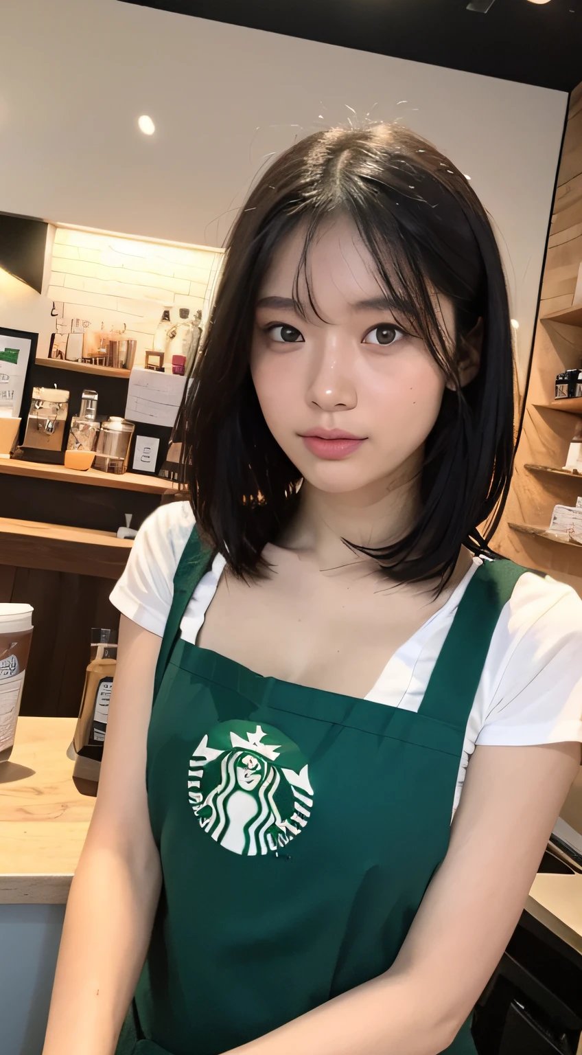 ((beste-Qualit、8K、巨作:1.3))、sharp foc:1.2、A beautiful woman with perfect body:1.4、((Layered Haircut、small tits:1.2))、(Starbucks dark green apron)、(Inside the Starbucks store:1.2)、Black polo shirt under apron、Wet Body:1.1、Highly detailed facial and skin texture、 Detailed eye、双眼皮、sunburnt skin、A sexy、suntanned