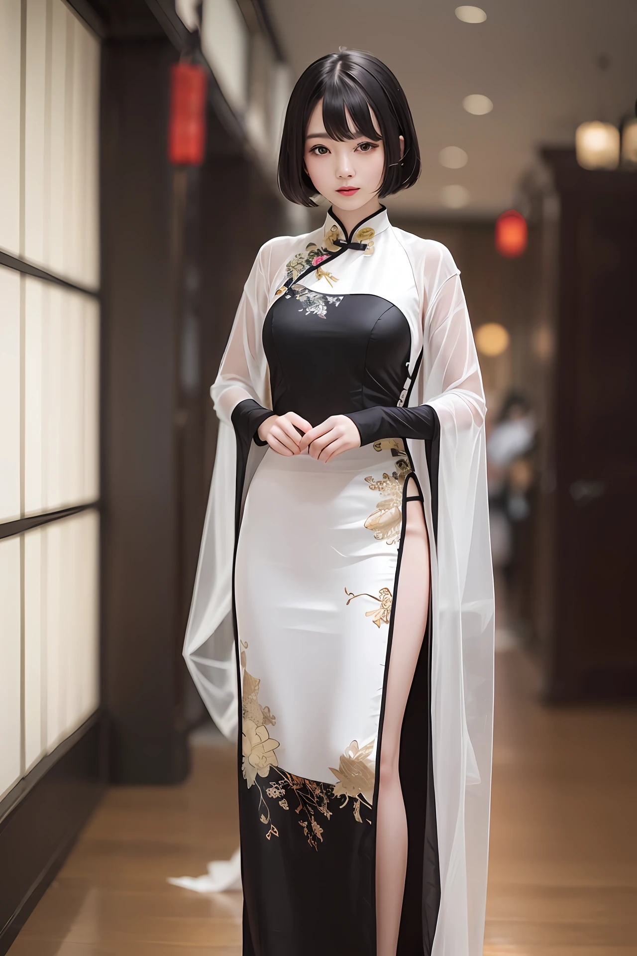 origami Chinese dress, full body photo of young lady in a sheer(((paper)))((loose))hanfu, (pale skin:1.377), material((Chinese paper)), (translucent), (sexy), (black hair, angled bob haitcut), 8k uhd, dslr, soft lighting, high quality, film grain, Fujifilm XT3