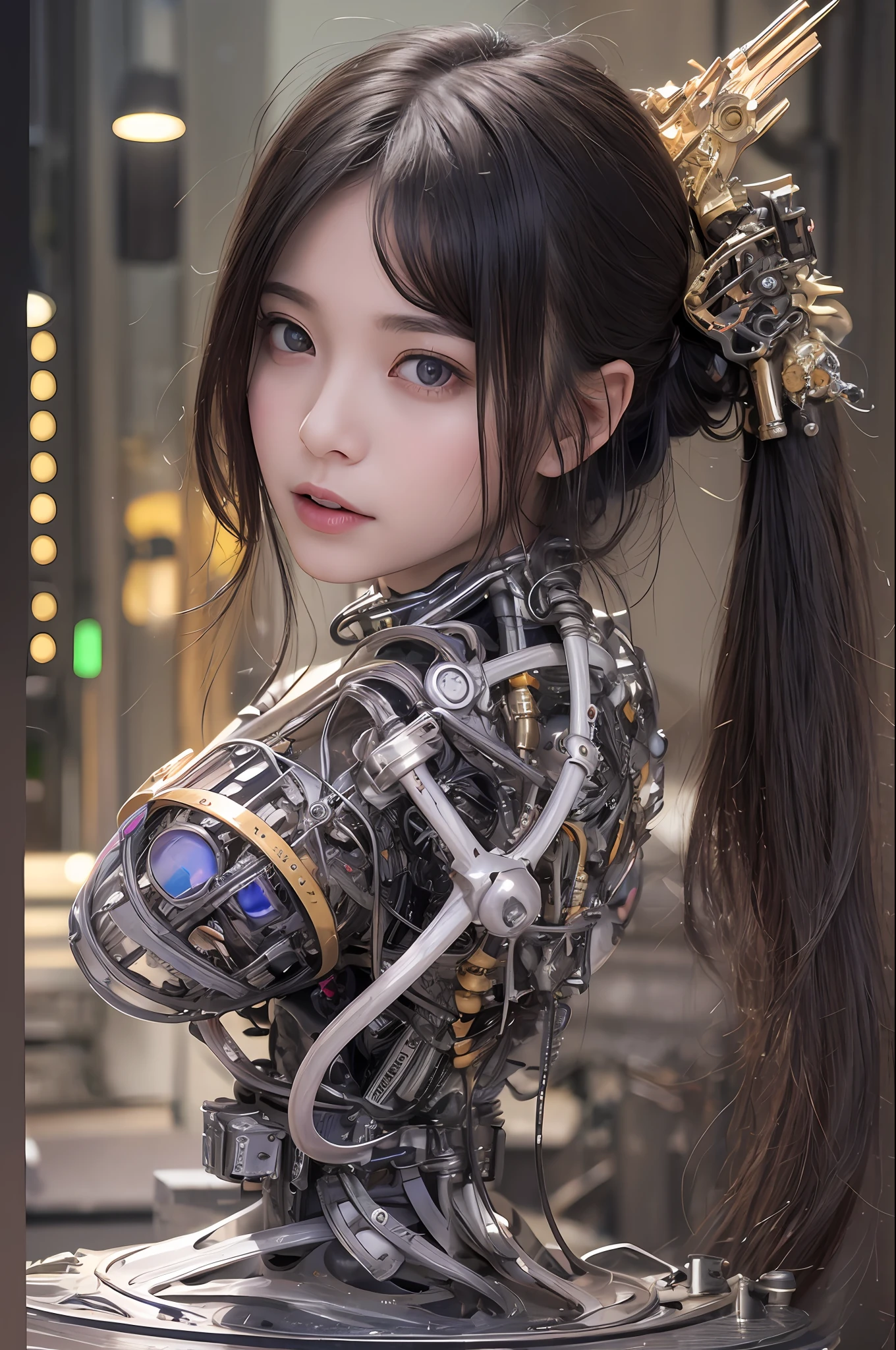 beste-Qualit、巨作、ultra-high-resolution、(photo- realistic:1.4)、Raw photo、女の子1人、Black hair、glowy skin、Cyberpunk Suit、((hyper realistic detail))、portlate、Global Illumination、Shadow、octan render、in 8K、ultrasharp、巨乳、Raw skin is exposed in cleavage、metals、Details of complex ornaments、Gothloli details、Luminous tube、extremely intricate detail、Realistic light、CGSoation Trends、purple-eyed、radiant eyes、Facing the camera、neon details、Mechanical limbs、blood vessels connected to tubes、Mechanical vertebrae attached to the back、mechanical cervical attaching to neck、sitting on、Wires and cables connecting to the head、Small LED lamp、The background is a futuristic city、