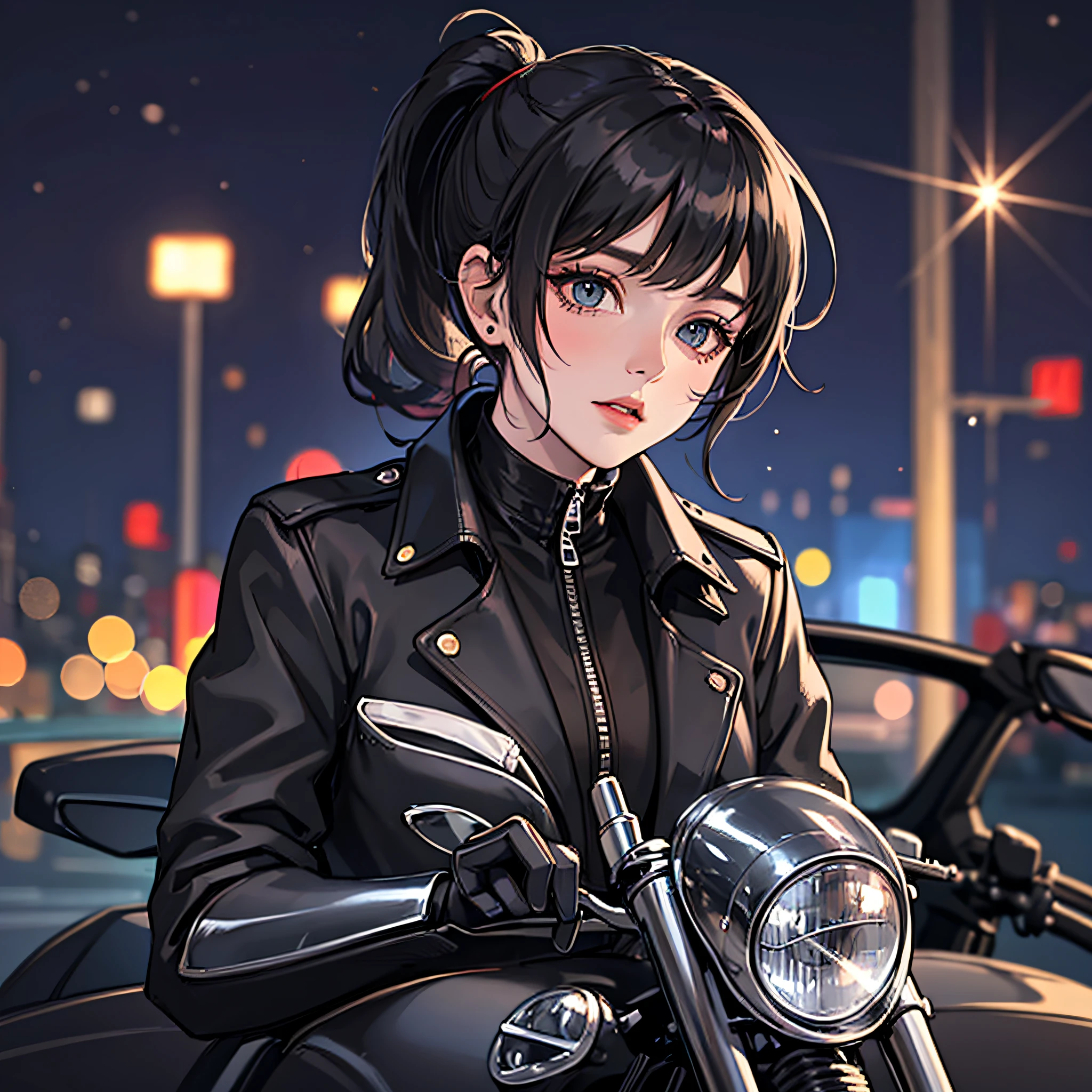 A woman with a black ponytail，Wear a black trench coat，Driving a motorcycle，the night，moonlit glow，hillside，highways，NOWAI，Background bokeh