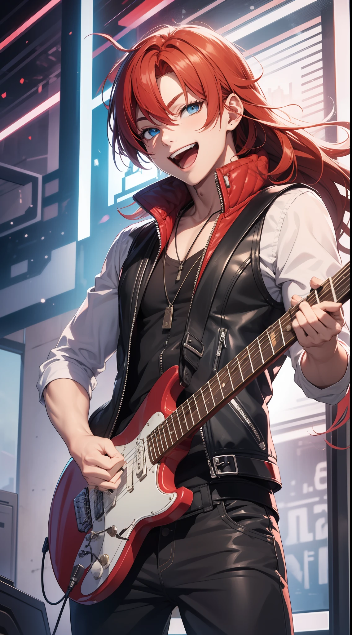Young guy, Long red hair, blue eyes, red sleeveless leather vest, electric guitar, Cheerful smile, open mouth, Masterpiece, high quality