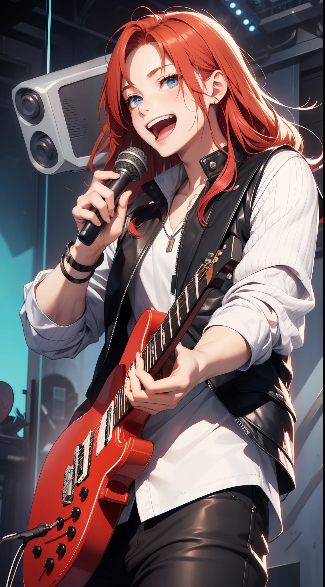 Young guy, Long red hair, blue eyes, red sleeveless leather vest, electric guitar, Cheerful smile, open mouth, Masterpiece, high quality