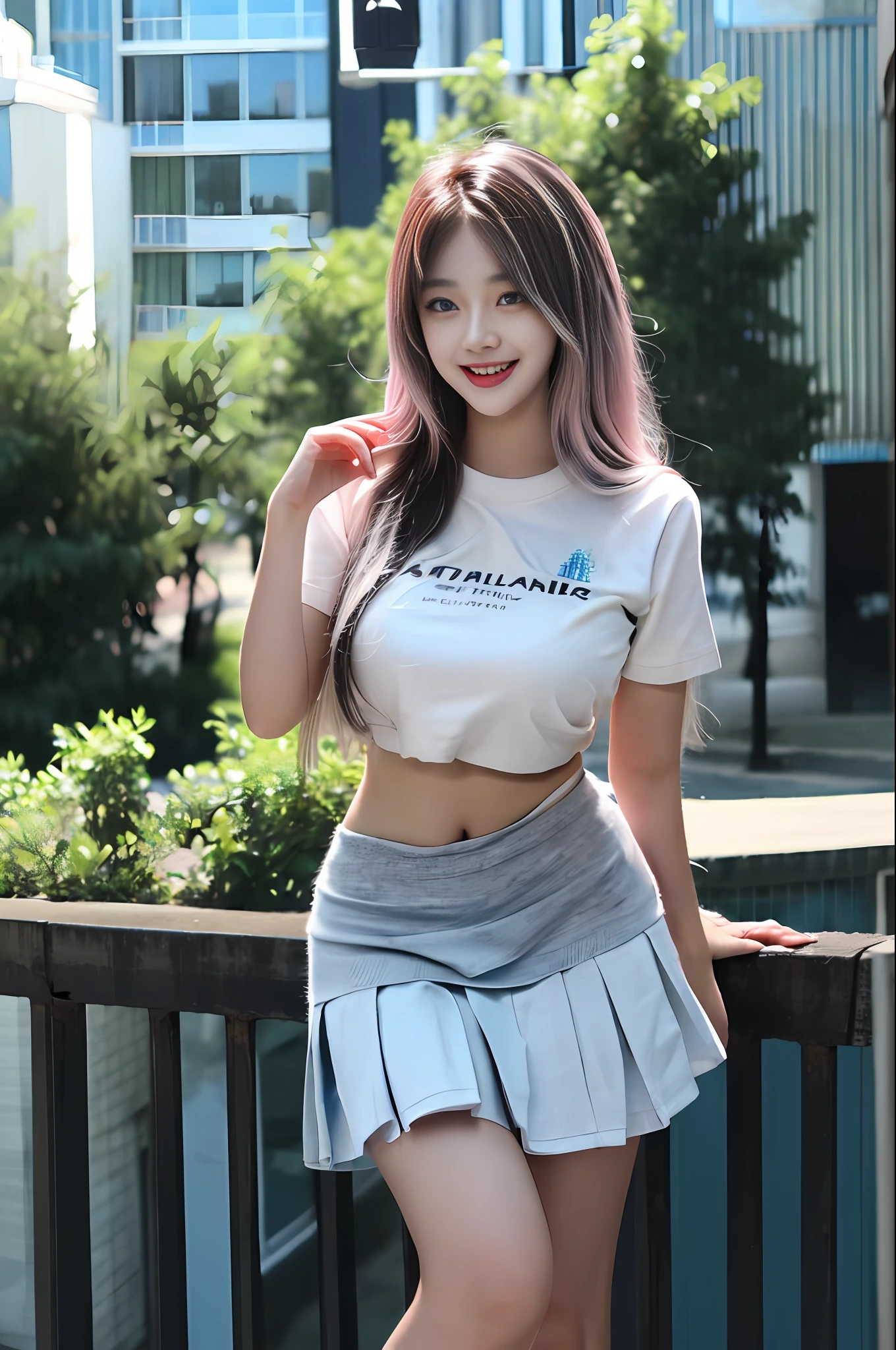 official art, masterpiece, sharp focus, (beautiful gorgeous cute Korean woman:1.3), (beautiful cute korean:1.3), korean beauty, Delicate and beautiful hair and eyes and face, realistic, ultra detailed, beautiful girl, blue sky, glow white particle, (sidelighting:1.2), sun light, white cloud, detailed clouds, slender, Lovely very large breasts and very large hips, smile with teeth, ((smile with eyes, open both eyes)), scenery, long straight hair, sexy facial expression, building, (cityscape:1.7), dynamic hair, long straight hair, detailed platinum pink hair, glow blue eyes, (blue pleated shirts + white skirt), white long socks, pale skin, hair ornament, epic scenery,