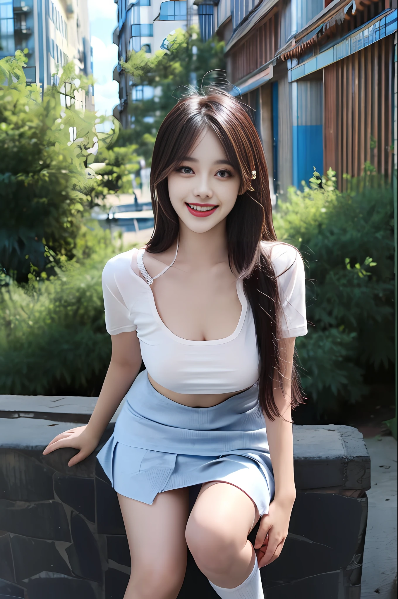 official art, masterpiece, sharp focus, (beautiful gorgeous cute Korean woman:1.3), (beautiful cute korean:1.3), korean beauty, Delicate and beautiful hair and eyes and face, realistic, ultra detailed, beautiful girl, blue sky, glow white particle, (sidelighting:1.2), sun light, white cloud, detailed clouds, slender, Lovely very large breasts and very large hips, smile with teeth, ((smile with eyes, open both eyes)), scenery, long straight hair, sexy facial expression, building, (cityscape:1.7), dynamic hair, long straight hair, detailed platinum pink hair, glow blue eyes, (blue pleated shirts + white skirt), white long socks, pale skin, hair ornament, epic scenery,