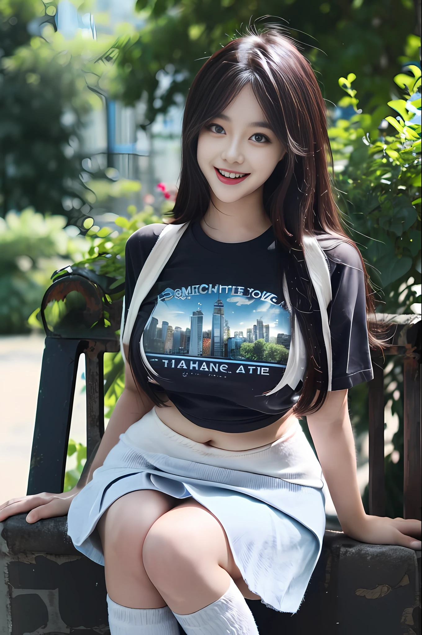 official art, masterpiece, sharp focus, (beautiful gorgeous cute Korean woman:1.3), (beautiful cute korean:1.3), korean beauty, Delicate and beautiful hair and eyes and face, realistic, ultra detailed, beautiful girl, blue sky, glow white particle, (sidelighting:1.2), sun light, white cloud, detailed clouds, slender, Lovely very large breasts and very large hips, smile with teeth, ((smile with eyes, open both eyes)), scenery, long straight hair, sexy facial expression, building, (cityscape:1.7), dynamic hair, long straight hair, detailed platinum pink hair, glow blue eyes, (blue pleated shirts + white skirt), white long socks, pale skin, hair ornament, epic scenery,