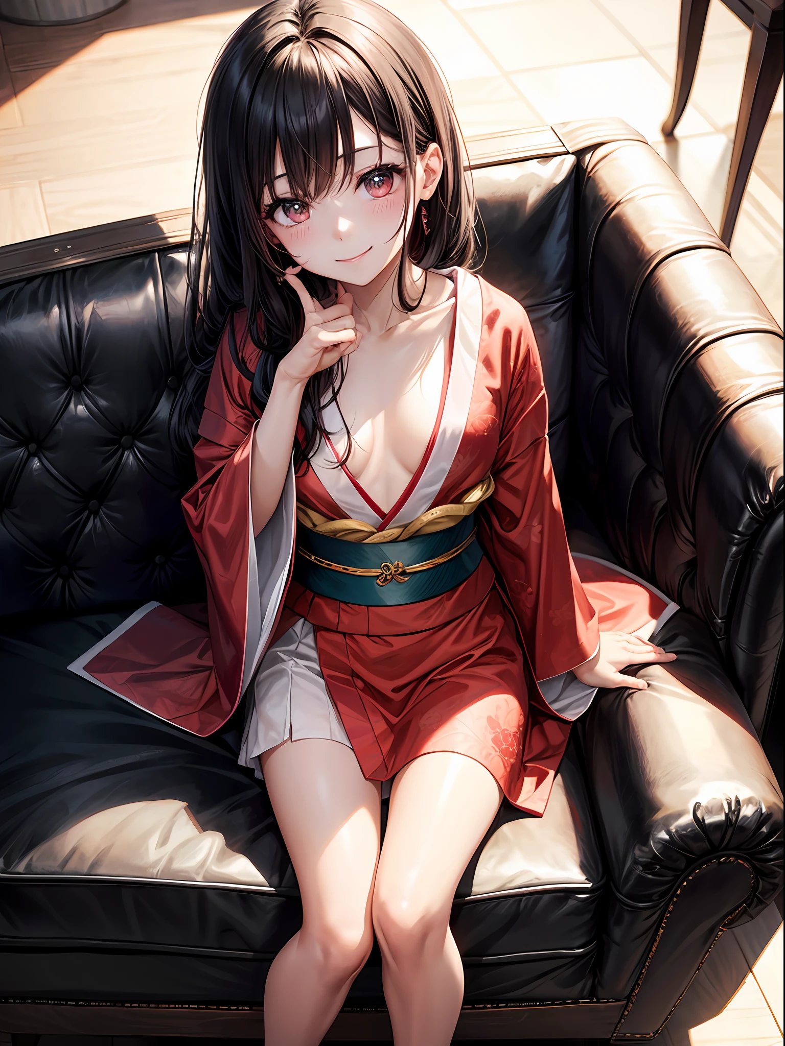 beste-Qualit、One girl、black-haired、Longhaire、Red eyes、Pink blush color under the eyes:1.5、a smile、Red cheeks、Small face、Put your hands on your face、Red kimono:1.5、巨乳:1.3、Open chest:1.2、beauty legs、Sit on a leather sofa、View here、Angle from diagonally above、chandeliers、dim lighting、No people、Background blur