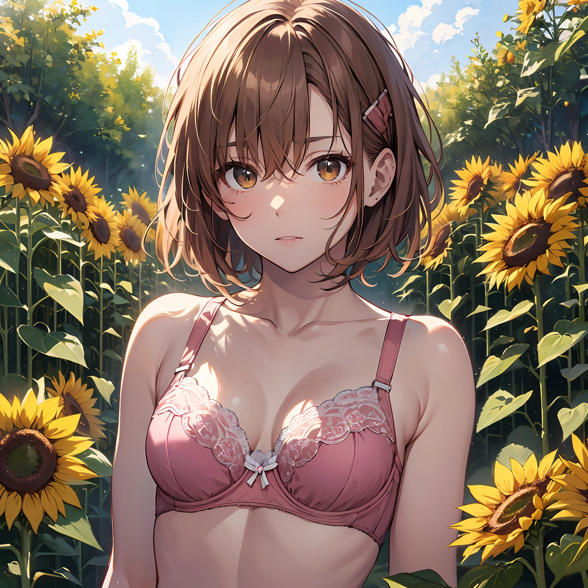 巨作, beste-Qualit, Misaka_mikoto, Brown-eyed, Short_hair, Small_Breast,）　　Random Posing　　Camisa blanca　　sunflowers fields　　Random View　perspiring　Sheer pink bra