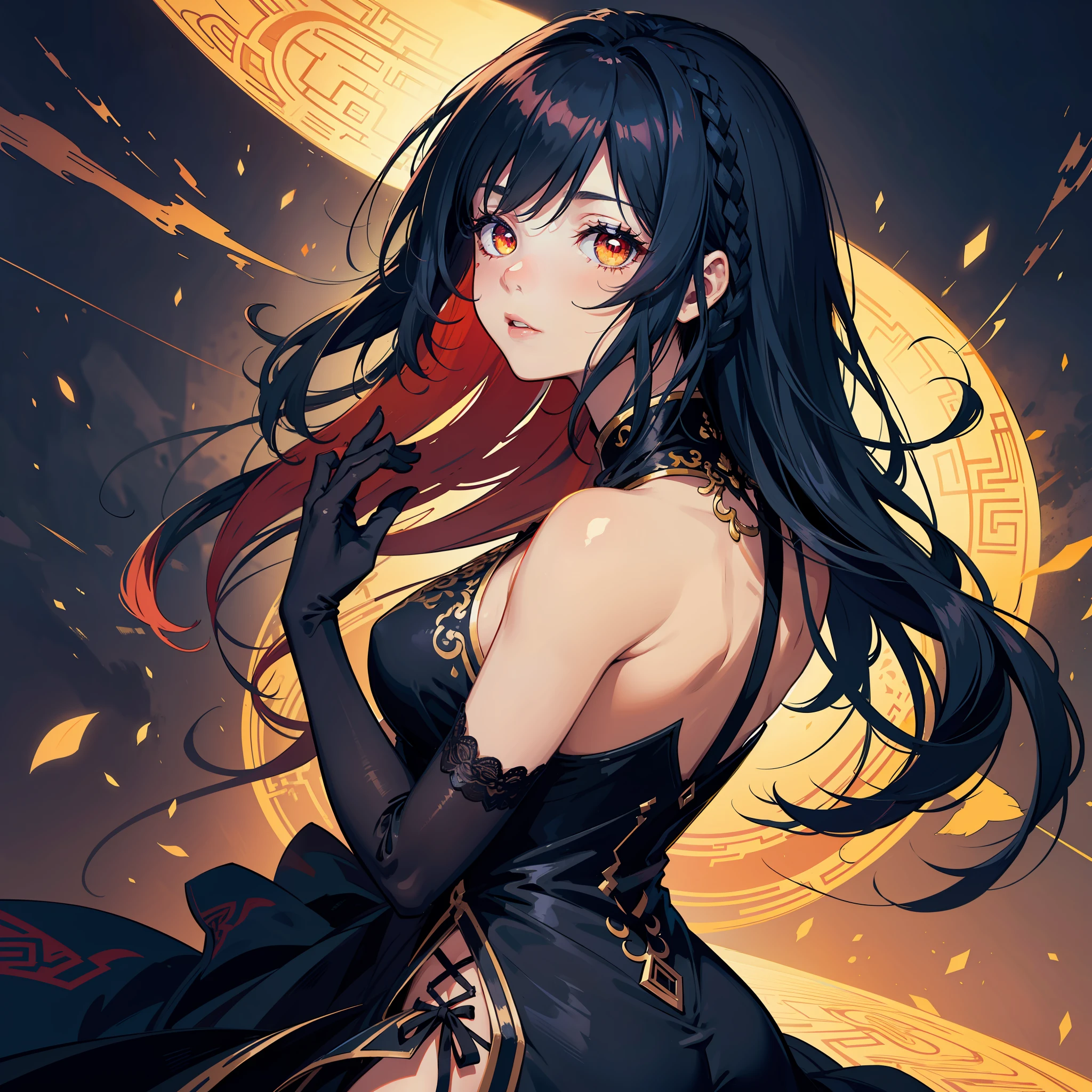 (masterpiece),(best quality),(ultra-detailed),illustration,disheveled hair,Dynamic angle,solo,1girl,game character portrait,colorful,beautiful detailed eyes,portrait,colorful,translucent hair, (glowing inner hair),the perfect appearance,[red eyes | yellow eyes],black hair,side braid,(Chinese dress),long hair,lace elbow gloves,shawl,(chiaroscuro lighting:1.2),(flat color:1.1),(straddling:1.25),hari ornament,from back,looking at viewer