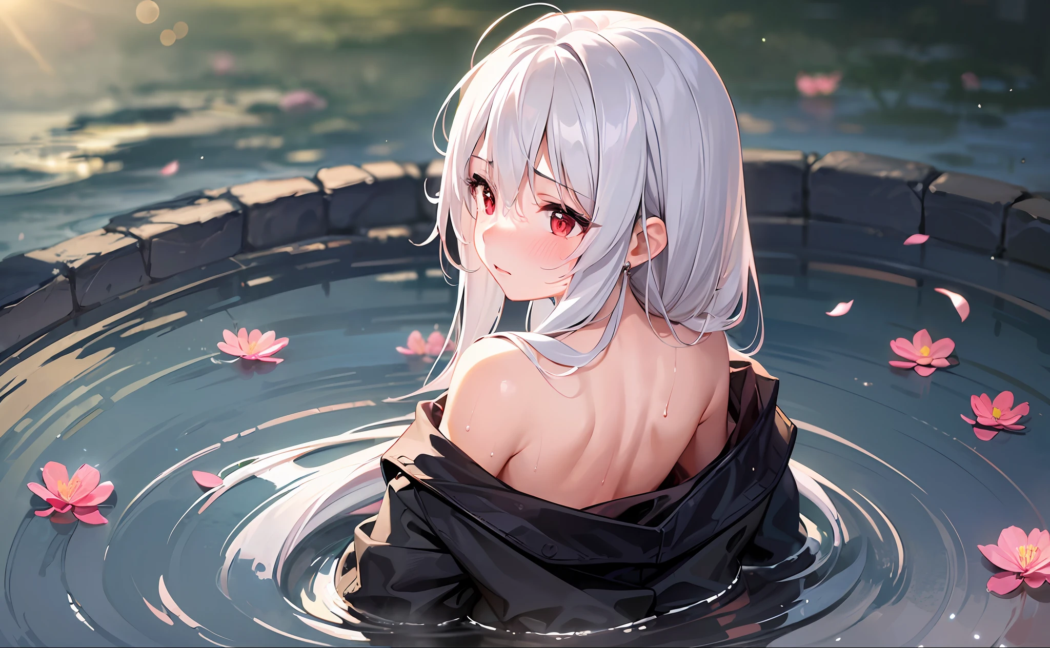(1girl:1.15), (solo:1.2), (white hair:1.2), crossed bangs, (very long hair:1.1), (hair slicked back:1.25), (hair over shoulder:1.25), wet hair, red eyes, (shy:1.3), nose blush, blush, (ear blush:1.25), (no bra:1.2), upper body, (facing away:1.25), (looking over shoulder:1.25), Not wearing clothes, (bathe:1.3), (covering breasts:1.15), (convenient arm:1.15), (lake:1.1), beautiful detailed water, petals on liquid, peach blossom, beautiful detailed sky, (blurry foreground:1.1), (panorama:1.2), (distant view:1.2), ray tracing, lens flare, masterpiece, best quality