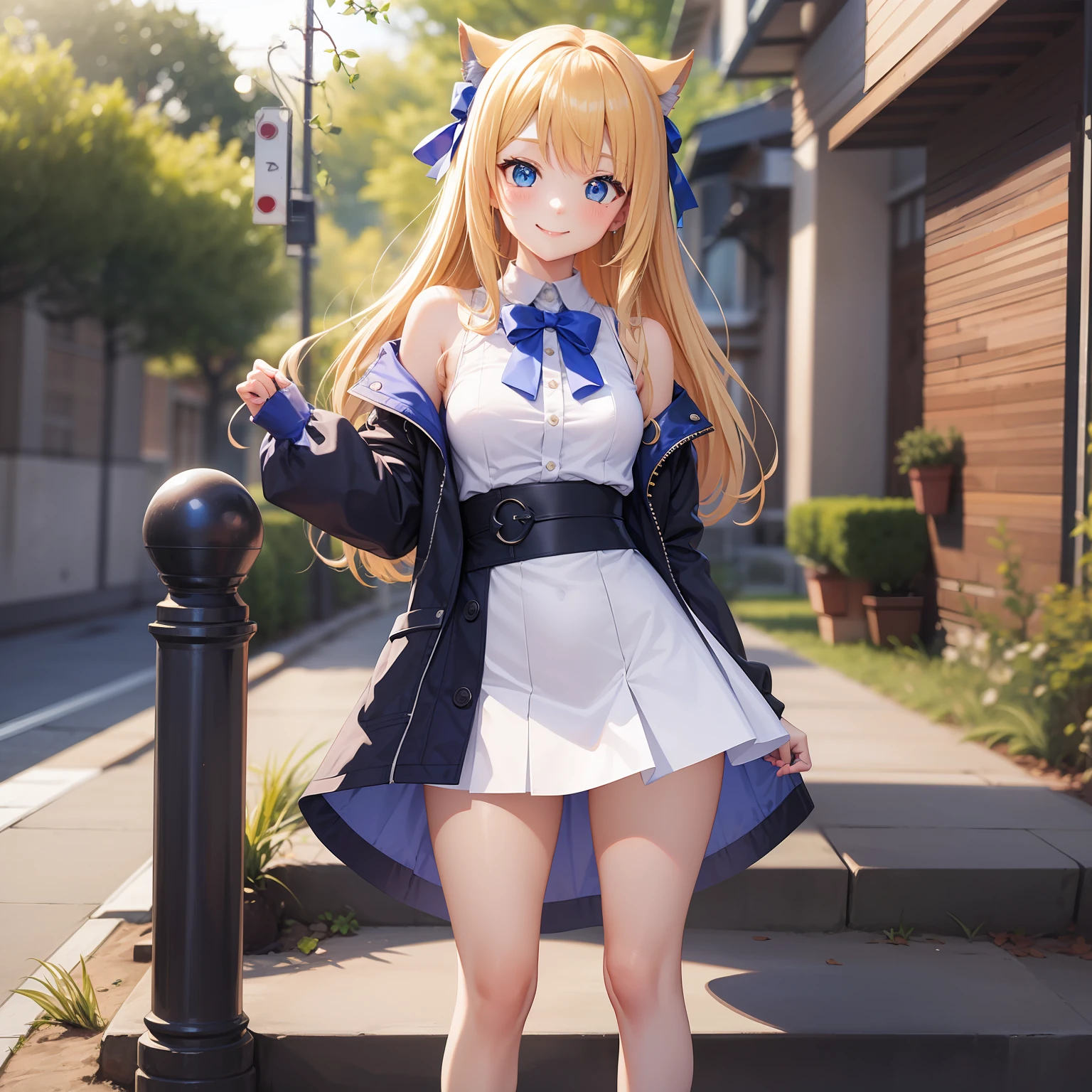 Standing Picture、body complet、White background、Virtual YouTuber、1girl in, Bangs, blondehair, Blue eyes, blush, ,Dress, smalll breasts, Long sleeves, Skirt, a smile, thighs thighs thighs thighs, white footwear、