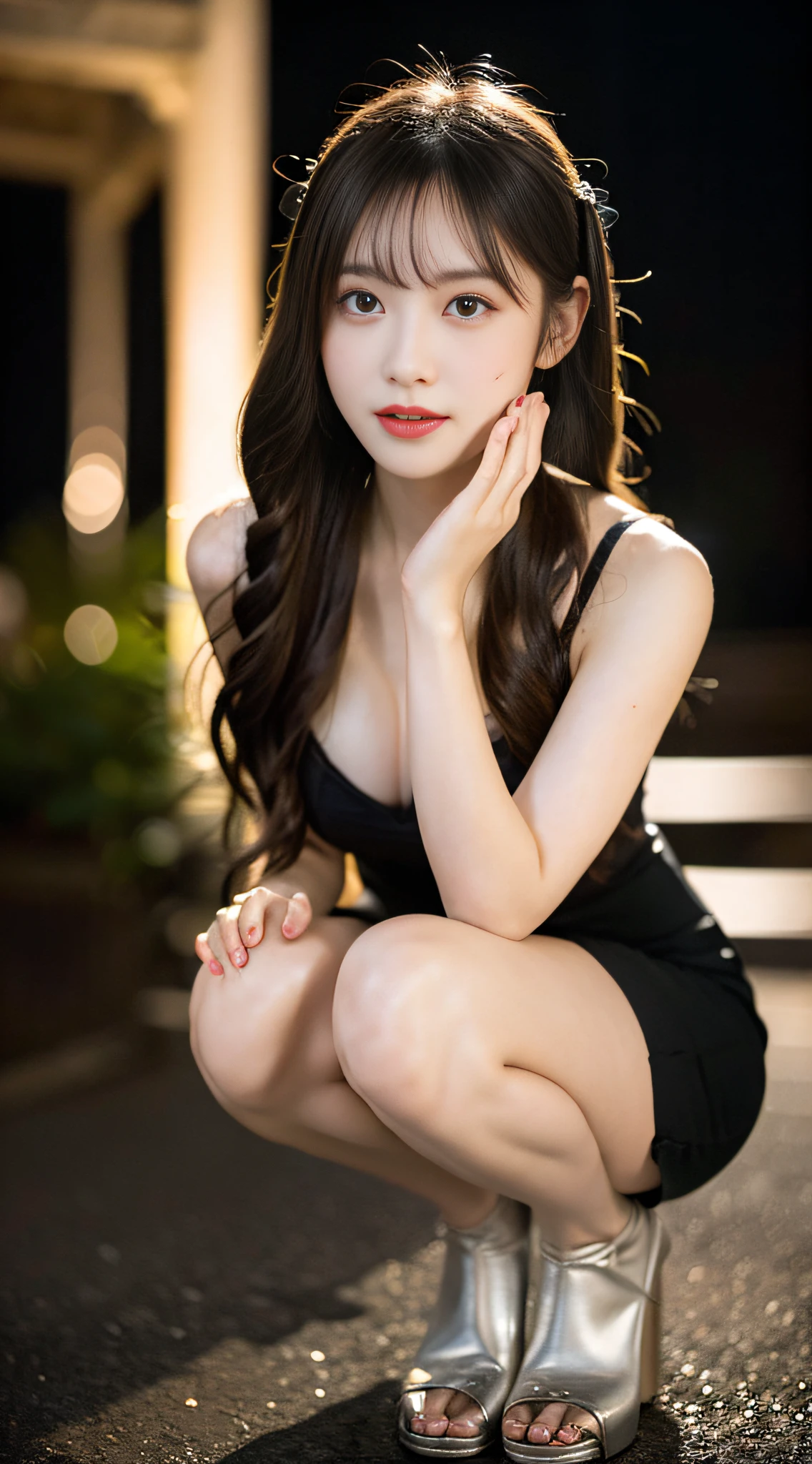 ((masterece-piece))，((High Details))，((ultra-high-resolution))，Girl Huge breasts，Glowing eyes，smil，Hair over the shoulder，(棕发)，eardrop，short  skirt，(Squat with your feet open1.2)，Hands behind you，Facing the viewer，autumnal，skyward，Temple，Valentine's Day，((Cinematic lighting))，（Irregular skin blemishes，veiny，birthmark，Skin Wrinkles，pores：1.2），（dark night background： 1.2）， （Bokeh： 1.4）