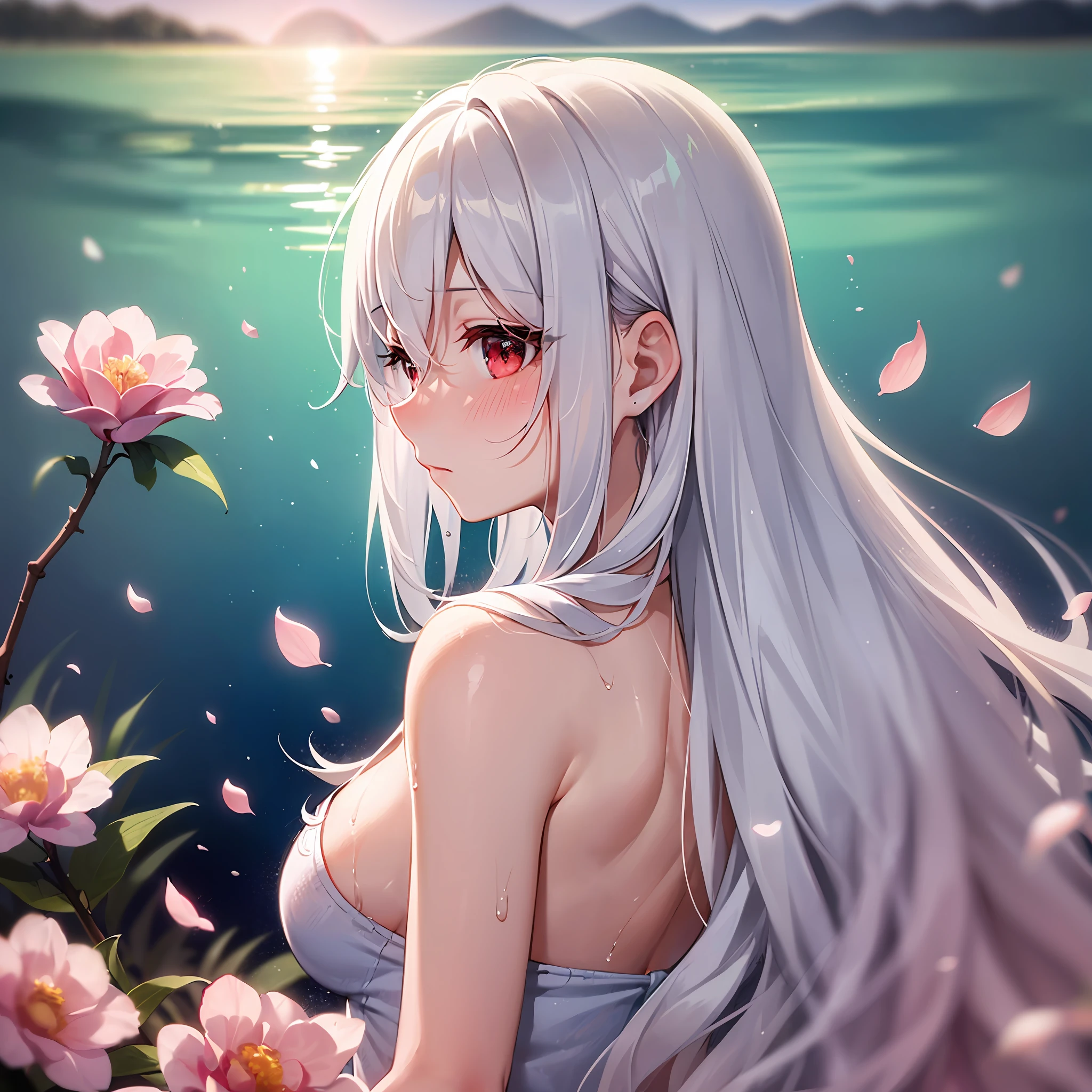 (1girl:1.15), (solo:1.2), (white hair:1.2), crossed bangs, (very long hair:1.1), (hair slicked back:1.25), (hair over shoulder:1.25), wet hair, red eyes, (shy:1.3), nose blush, blush, (ear blush:1.25), (no bra:1.2), upper body, (facing away:1.25), (looking over shoulder:1.25), Not wearing clothes, (bathe:1.3), (covering breasts:1.15), (convenient arm:1.15), (lake:1.1), beautiful detailed water, petals on liquid, peach blossom, beautiful detailed sky, (blurry foreground:1.1), partially underwater shot, (chinese ink style:1.3), (panorama:1.2), (distant view:1.2), ray tracing, lens flare, masterpiece, best quality