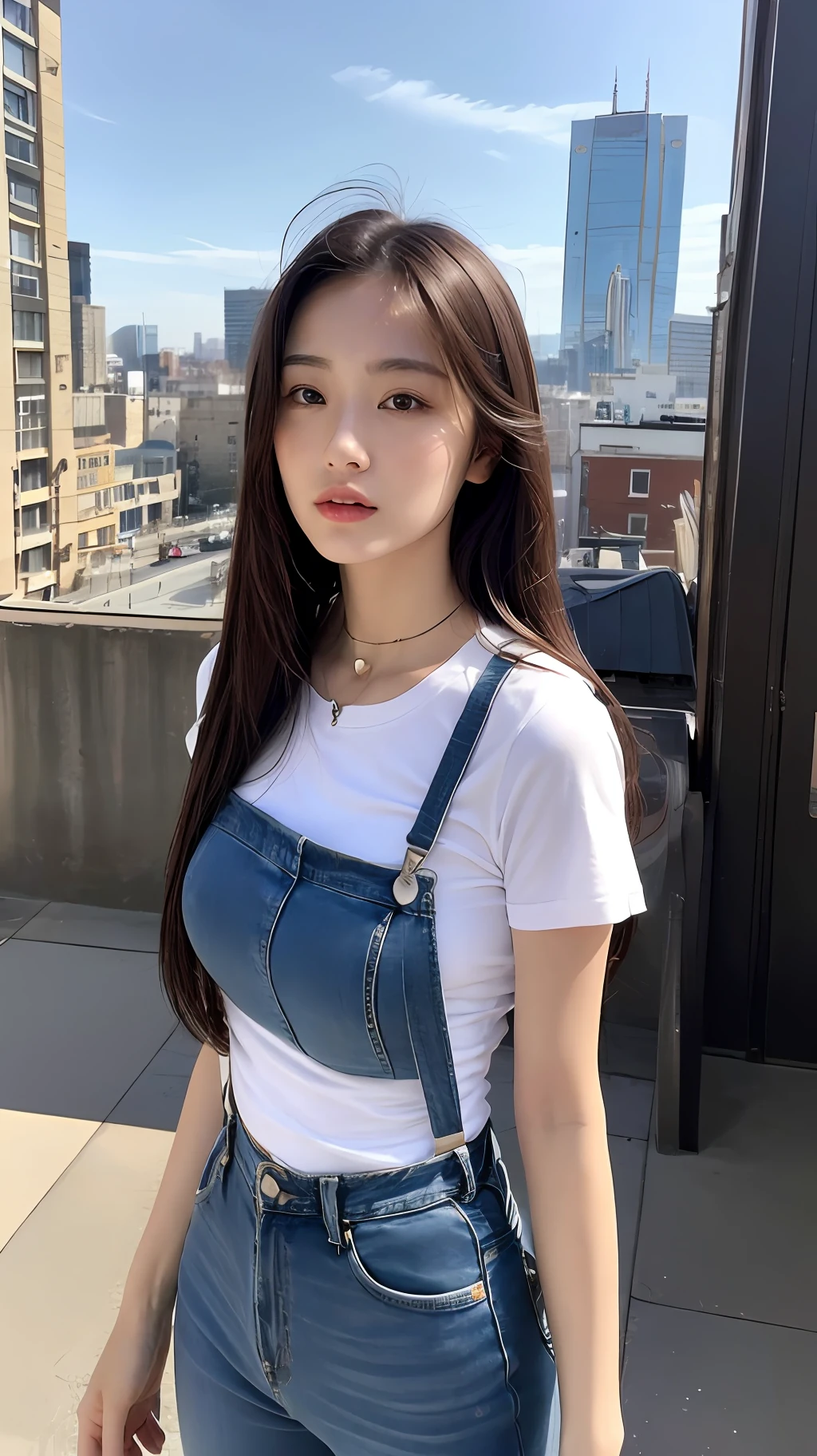 ((length hair, need, 8K, masterpaintings:1.3)), body complet, Long legs, Focalors:1.2, perfect figure beautiful woman:1.4, Slim abs:1.1, ((Dark brown hair, big tit:1.2 )), (Random color tight T-shirt, Long denim suspenders, to stand:1.2), ((City daytime, roofto:1.3)), Highly detailed facial and skin texture, detailed eye, 双眼皮,(((Do not wear jewelry around your neck))),(((Complete hands)))