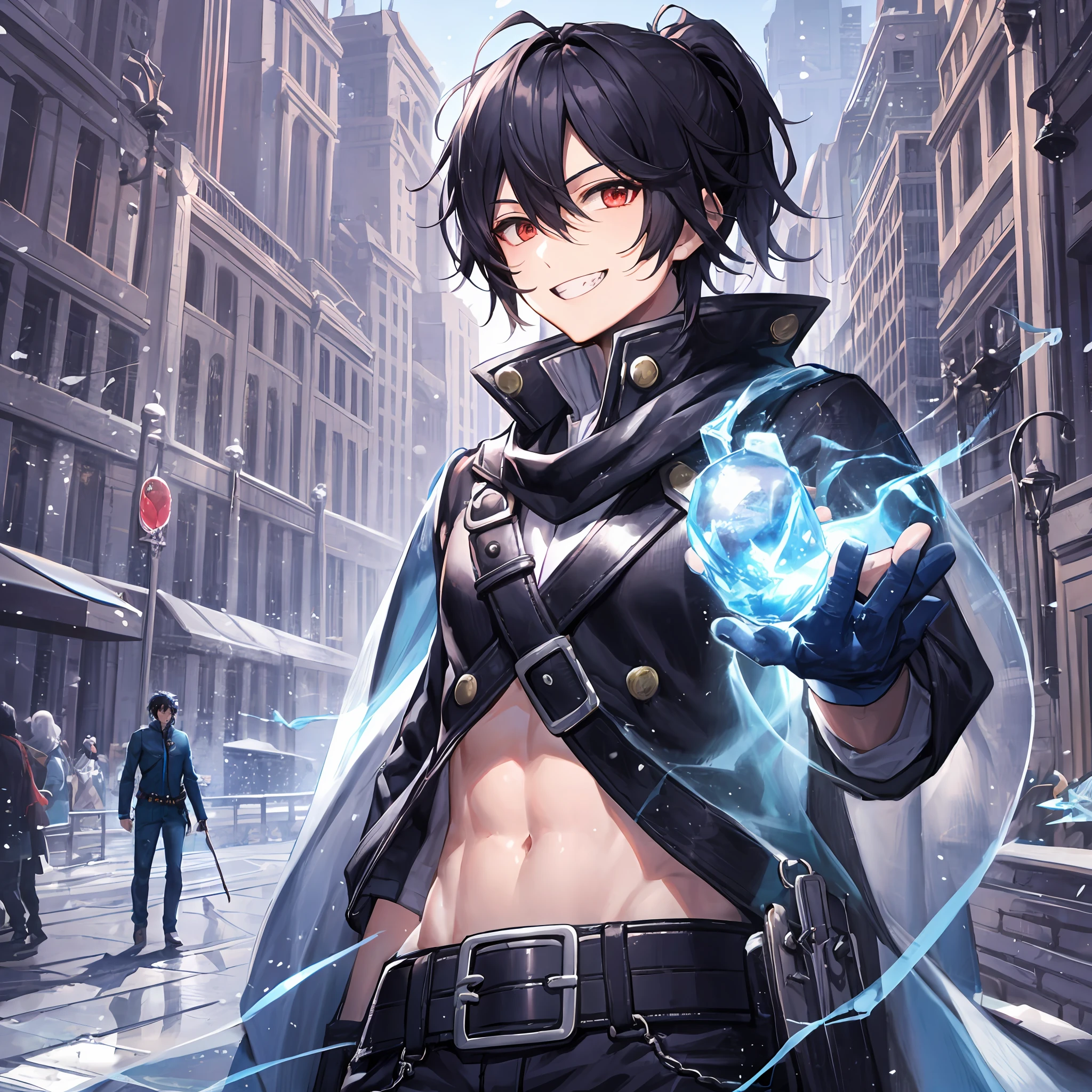 1 cool boy, male focus, TUNIC, belt, pants, Long Muffler, Great mage ice Lance magic, Outdoors, solo, A nihilistic smile, teeth, fine hair, Black hair with a reddish tinge, ponytail, day, best Quality, row photo, real person,