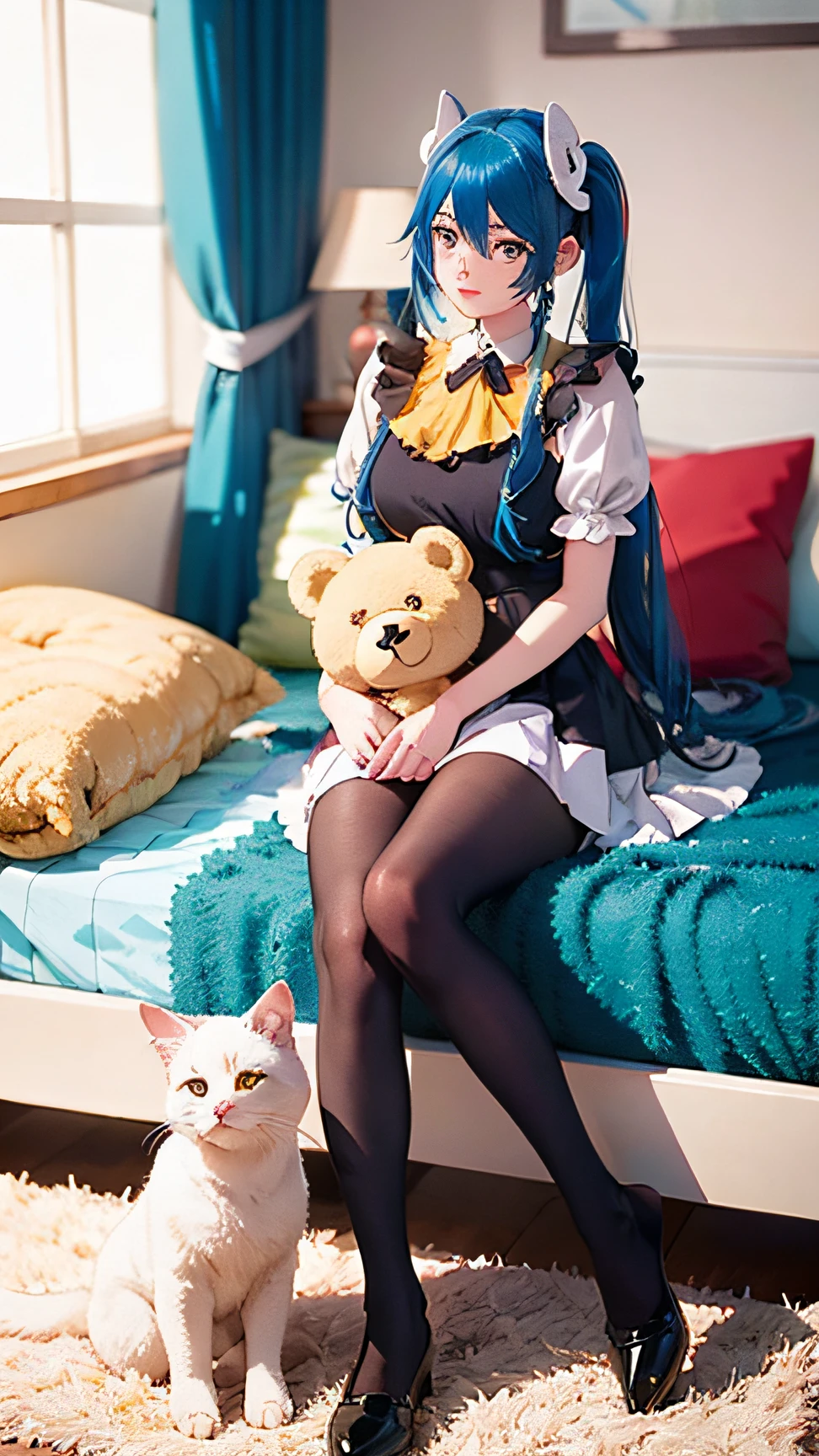 araffe with blue hair sitting on a bed with a teddy bear, Anime girl cosplay, Hatsune Miku cosplay, cosplay photo, cosplay, mikudayo, Anime cosplay, Anime girl in real life, the woman holds more toys, publicity cosplay, captured on canon eos r 6, full-cosplay, white cat girl, realistic cosplay, sona is a slender