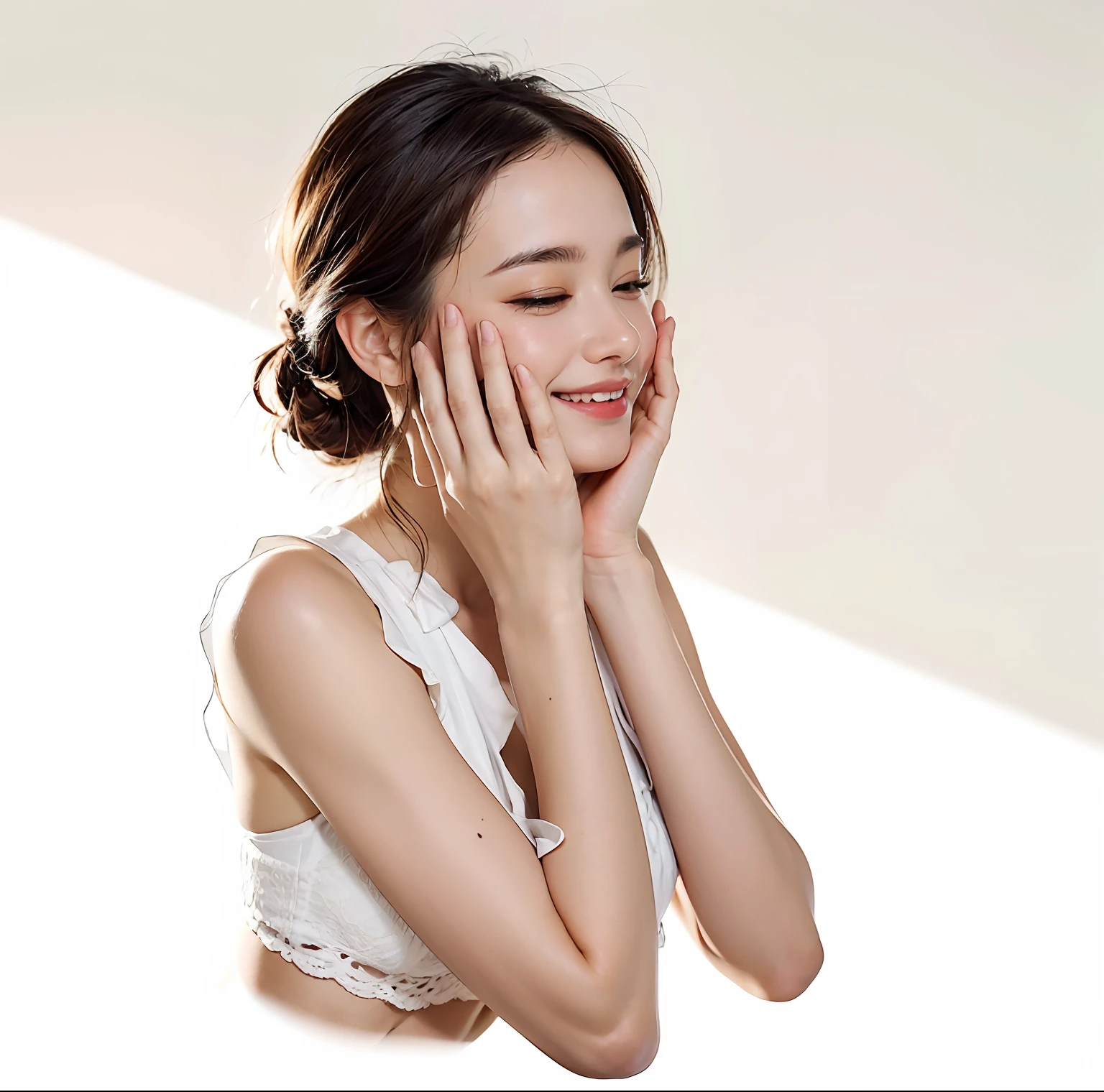 ((masterpiece, top quality, high definition)), 1 girl, (photorealistic: 1.4), solo, white background, snow-white background, mouth closed, happy smile, happy smile, pretty black hair, short hair, big eyes, clear double eyelids, eyelashes, ears out, long neck, long neck, absolute area, ((face close-up)), (drawing all head, shoulders), 19 years old, Attractive proportions, shiny skin, clean collarbone, golden ratio face, perfect face, teardrop mole, mole on chest, bangs, clean bangs, lip gloss, thin lips, pale skin, naked, big breasts, small face, small face, draw all head, draw all shoulders