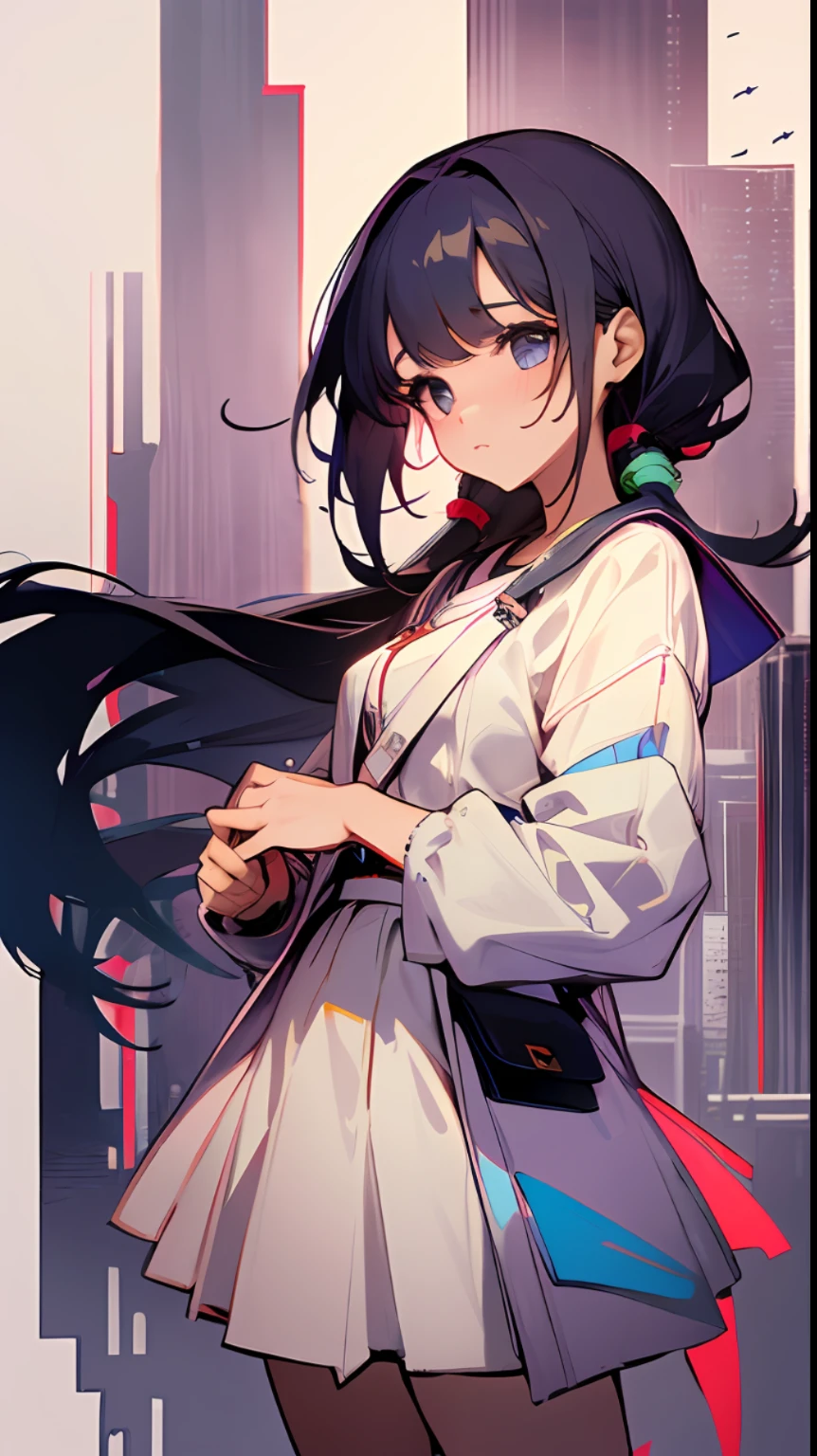 ray tracing,best quality,masterpiece,an extremely delicate and beautiful,colorful,artbook,cyberpunk,city,kowloon,rain,starry sky,floating sakura,Fireworks,cyberpunk city,profile,hime cut,smile,standing,arms behind back ,serafuku,thighhighs, --auto