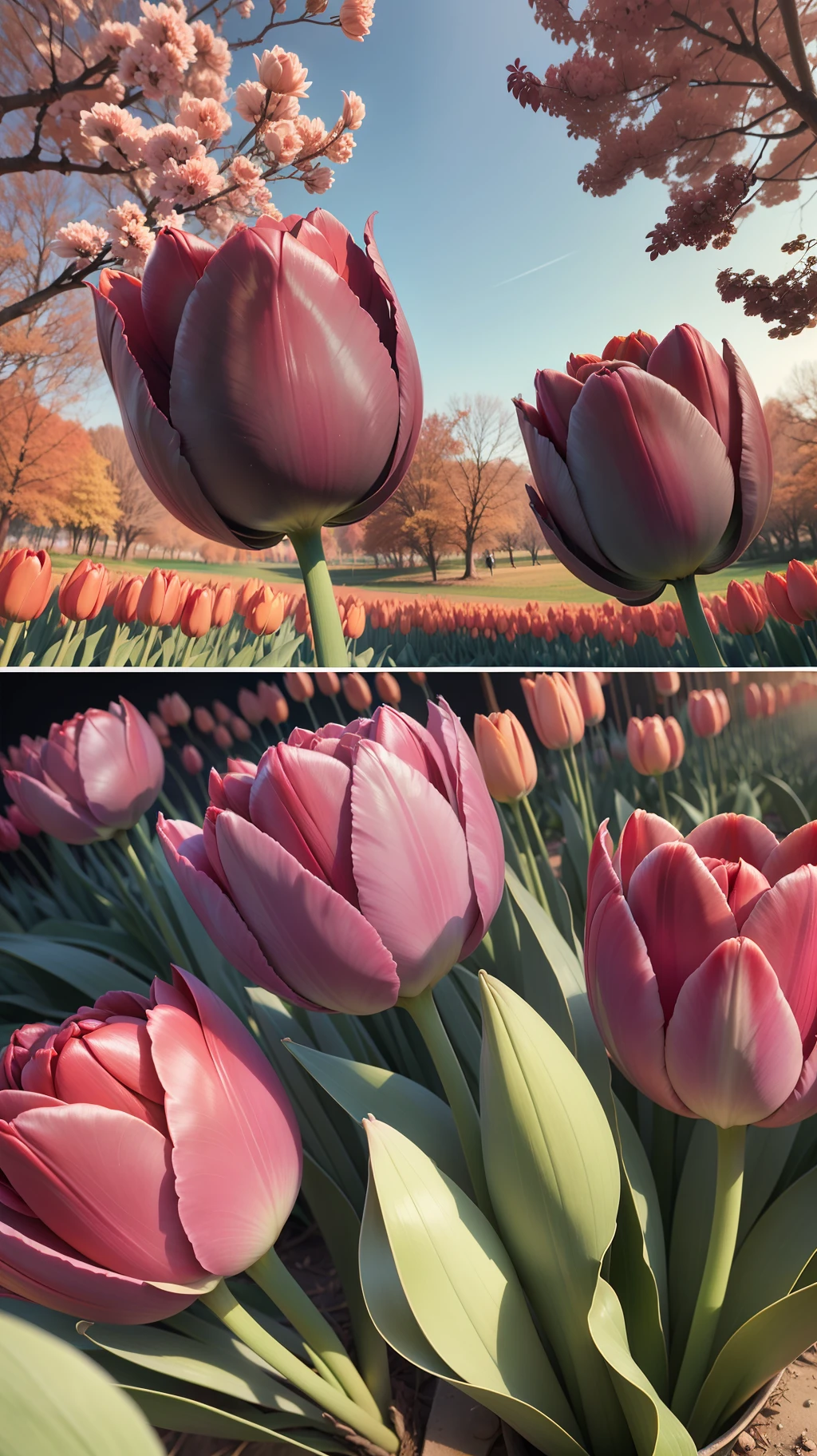 Three red tulip, three red tulips in the tree,red tulips,dark background,high resolution,high quality