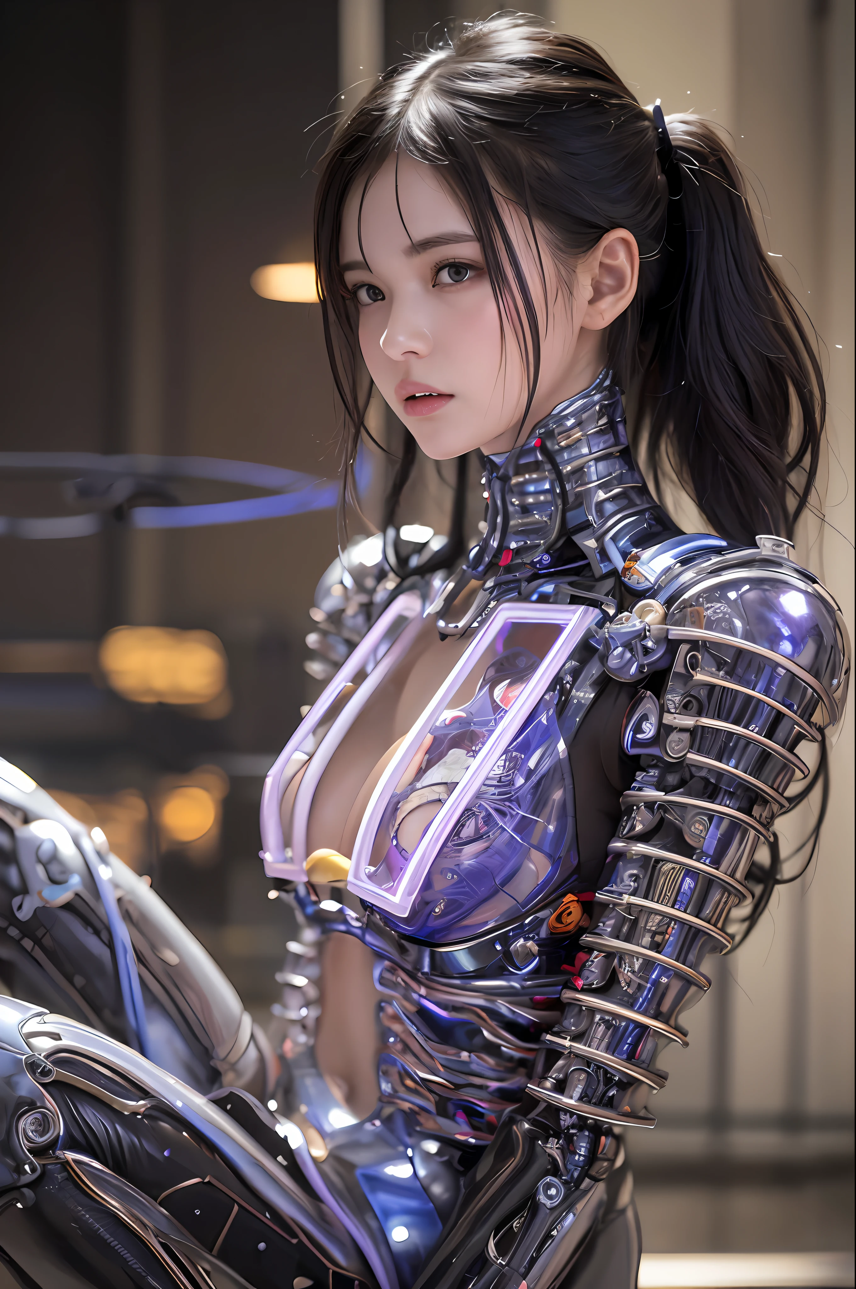 beste-Qualit、巨作、ultra-high-resolution、(photo- realistic:1.4)、Raw photo、女の子1人、Black hair、glowy skin、Cyberpunk Suit、((hyper realistic detail))、portlate、Global Illumination、Shadow、octan render、in 8K、ultrasharp、??、Raw skin is exposed in cleavage、metals、Details of complex ornaments、Gothloli details、Luminous tube、extremely intricate detail、Realistic light、CGSoation Trends、purple-eyed、radiant eyes、Facing the camera、neon details、Mechanical limbs、blood vessels connected to tubes、Mechanical vertebrae attached to the back、mechanical cervical attaching to neck、sitting on、Wires and cables connecting to the head、Small LED lamp、The background is a futuristic city、