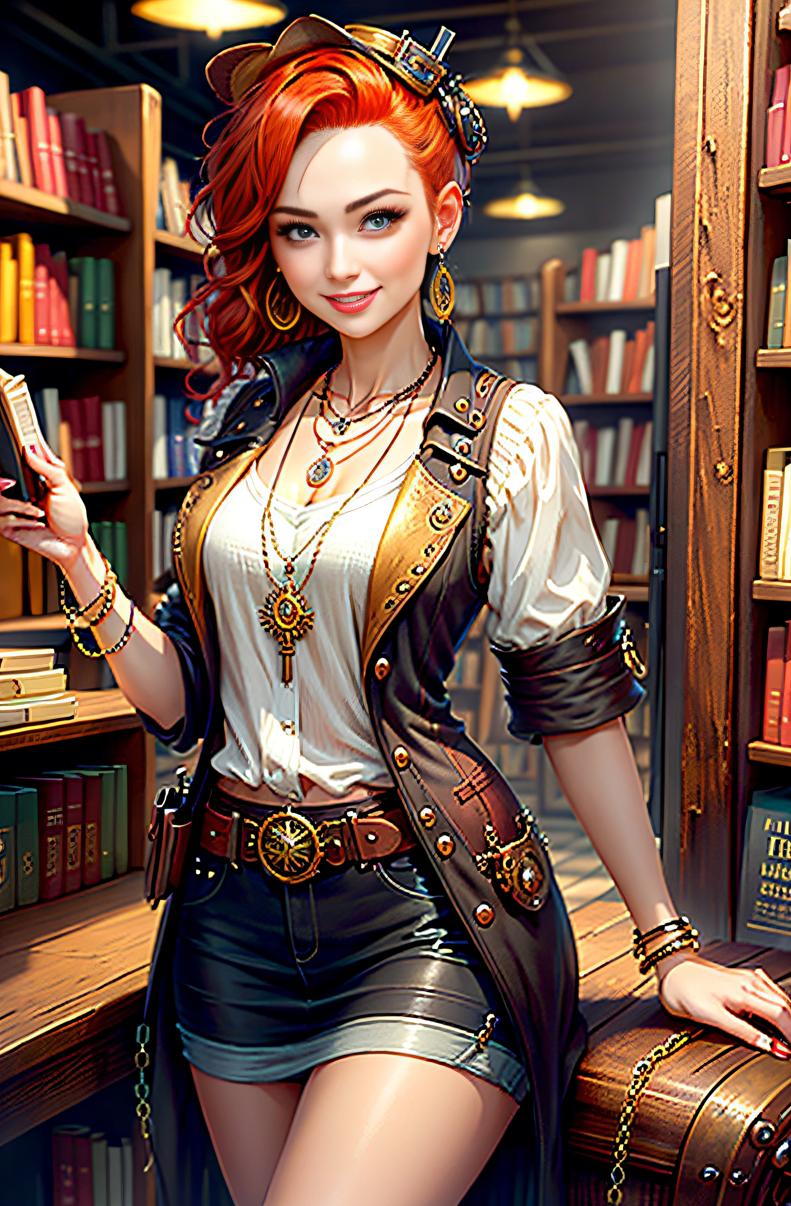 Steampunk, steampunk, smiling woman with red hair in a small bookstore, necklaces, earrings, bracelets, chains, shirts, vests, belts