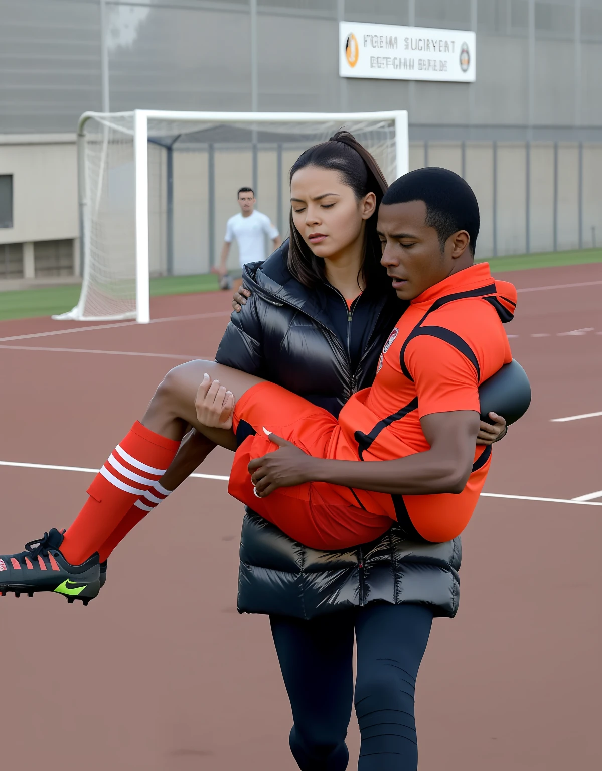 soccer action pose, piggyback pose, a very beautiful young girl in a very shiny black coat is carrying a man, piggyback ride in a sports stadium, a man in a thin orange cotton shirt, affection pose, lecherous action pose, a madeup young schoolgirl in a high-shine black padded downcoat, dramatic action pose, theatralic pose, there is an very attractive woman that is carrying a wounded ahtlete, there is a beautiful woman in a shiny coat who is carrying a young sportsman piggyback from the field, soccer action scene, injury scene, first aid in sports transport of a wounded player, piggyback, a longhaired beautiful woman in a high-shine coat, a longhaired woman in a shiny coat, a woman is carrying a shorthaired man who is wearing an thin orange cotton sports outfitt, a weak man in sports shorts is consciousless and needs to be carried, a shorthaired man with closed eyes is carried piggyback a longhaired woman, a woman looks very scared and terrified, a consciousless man with closed eyes is suffering very much and has a very painful face, photo, photo shoot, photographed , accident, help, aid, first aid, pity