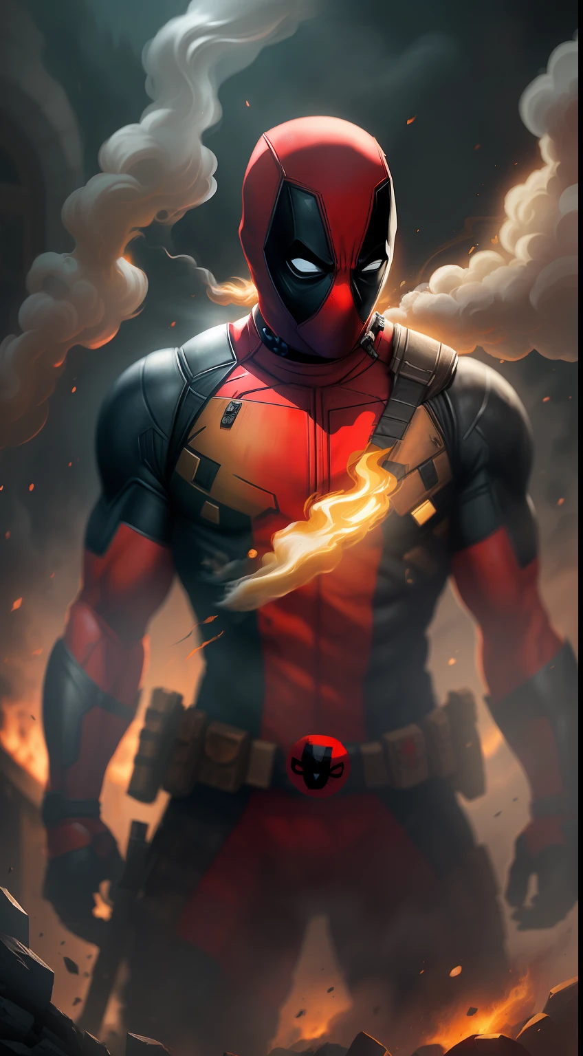 (A gloomy snapshot: 1.1), Epic Realistic, Gold Deadpool in a red smoke cloud, soft cinematic light, Adobe Lightroom, photolab, HDR, intricated, Highly detailed, (Depth of field: 1,4), hyper-detail (artstation: 1,4), cinematic, warm light, Dramatic light (intricate details: 1,1)