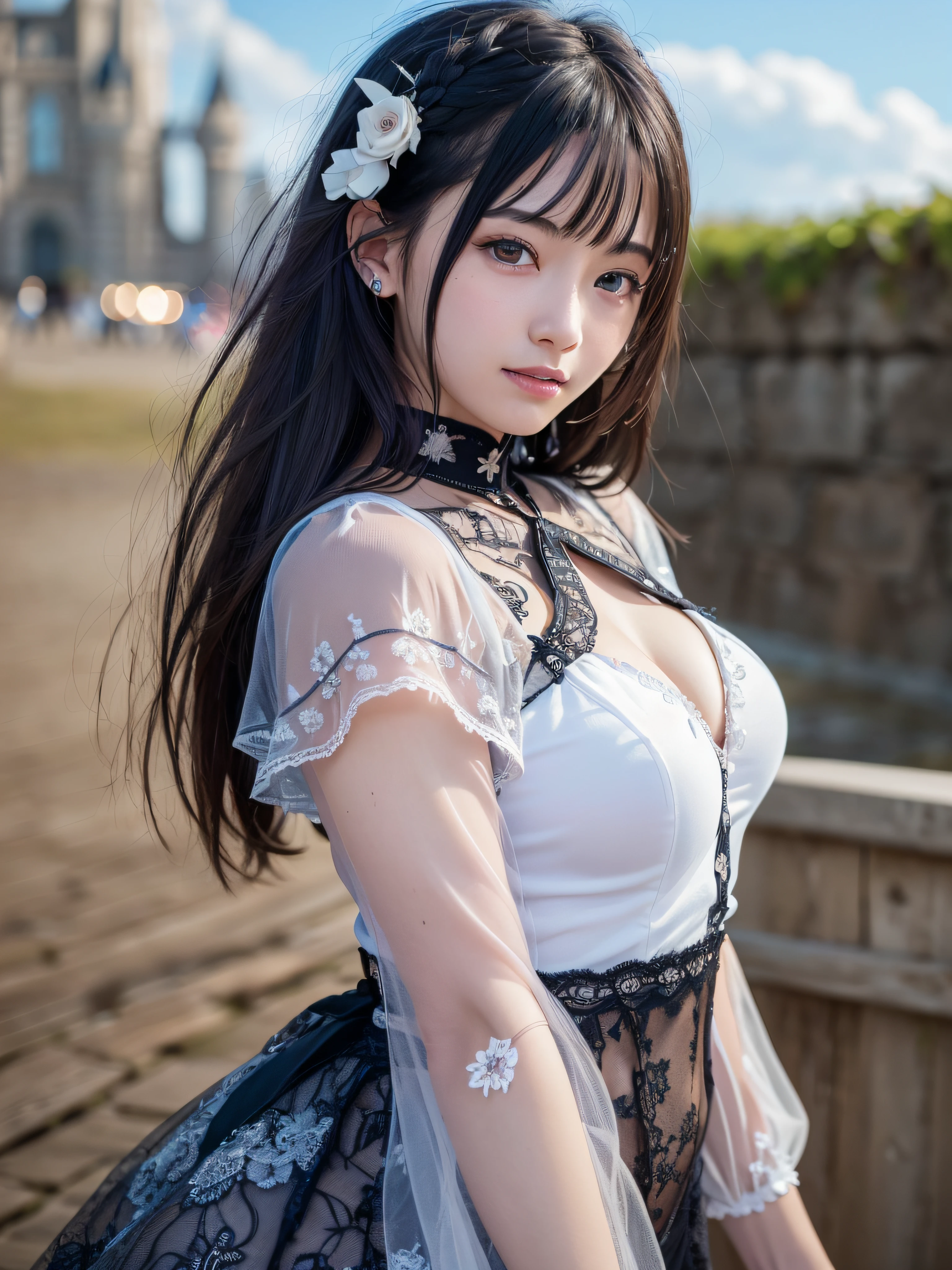 (realistic, photo realistic:1.37), incredibly absurdres, (insanely detailed:1.3), 8k, (masterpiece), (best quality:1.4), (ultra high res:1.2), (raw photo:1.2), (unity 8k wallpaper), 1 nogizaka girl, utterly cute, (bishojo:1.35), (15yo:1.4), (alice and the pirates fashion), (delicate detailed beautiful dress), (hair accessory with blue rose), (an exquisitely detailed and beautiful face and eyes and skin), (detailed black shine hair), medium breasts, (smile at the camera), cowboy shot, castles scenery in europe, ultra detailed background, professional lighting