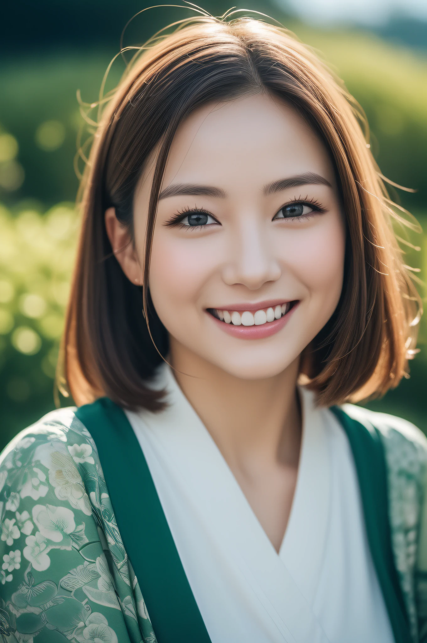 (Kimono)、a smile、beste-Qualit、a beautiful female、photo- realistic、(and intricate detailing:1.2)、(delicate detail)、(ciinematic light、best quality backlight)、Clear Line、sharp foc、Lifelike face、Detailed faces Unity 8K wallpapers、ultra-high-resolution、(photo- realistic:1.4)、flowers fields