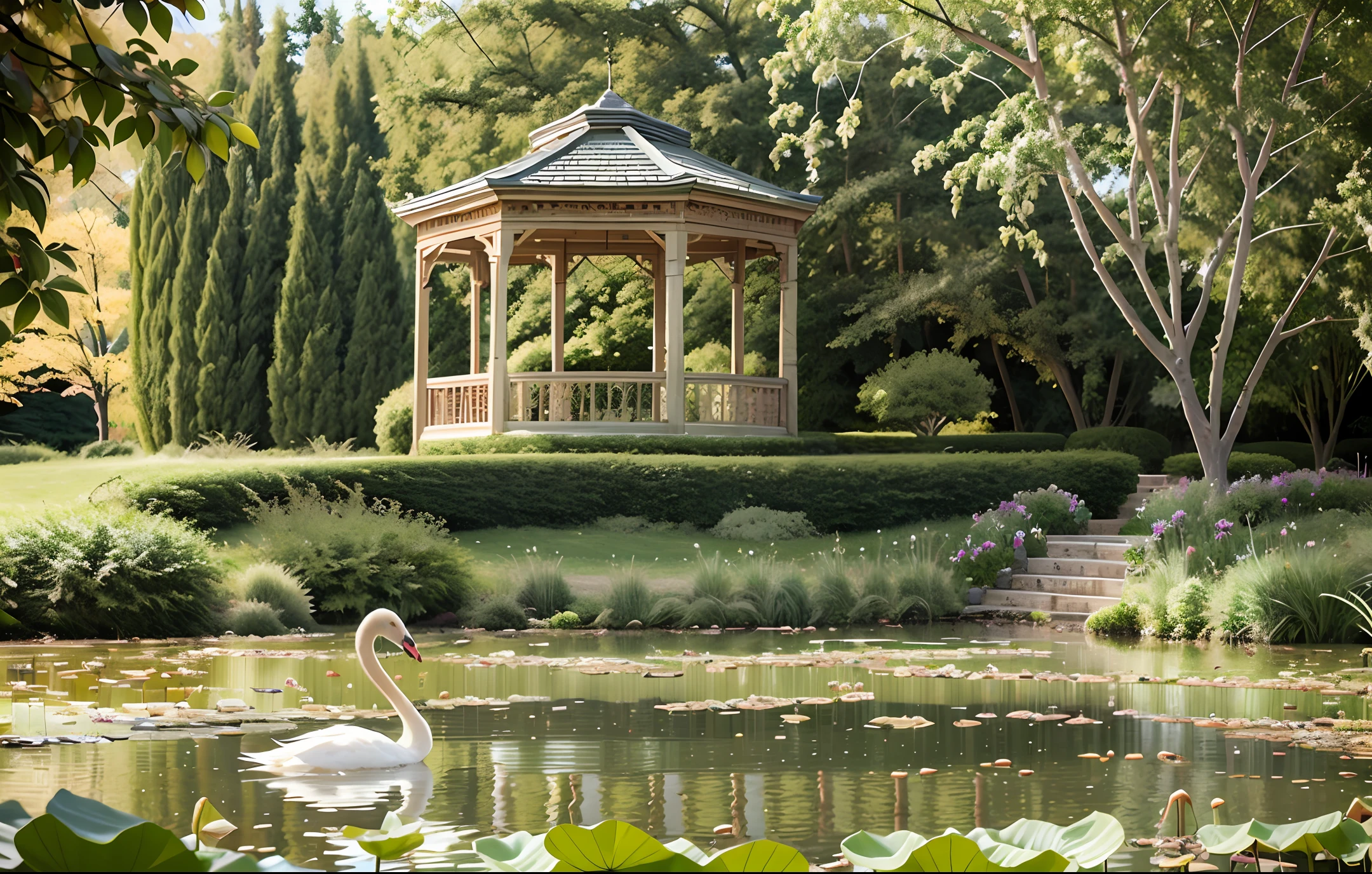 Willow trees, both sides of the lake, swan, lotus flowers, gazebo, a beautiful girl, perfect face, standing, look far