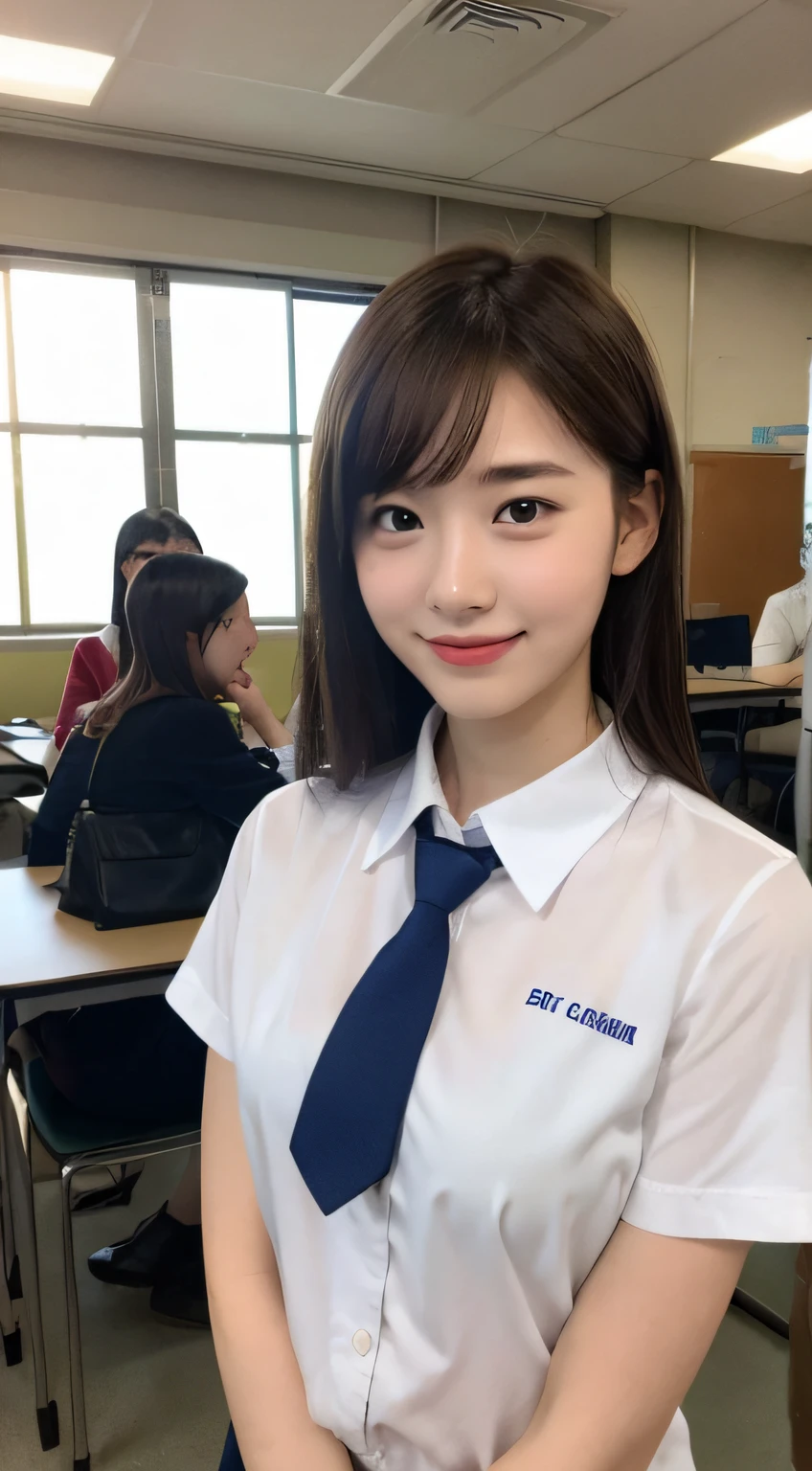 Very detailed 8k wallpaper)、sharp foc、in detail、drama、Delicate and beautiful schoolgirl、Sheer white shirt、necktie、Dark blue pleated micro mini、light brown-hair、Smooth Semi-Long、A sexy、Brachira、a smile、Peek at the viewer、Beautiful graphics、Bright school building、Full of students、Show me your whole body、pulling the hands up。