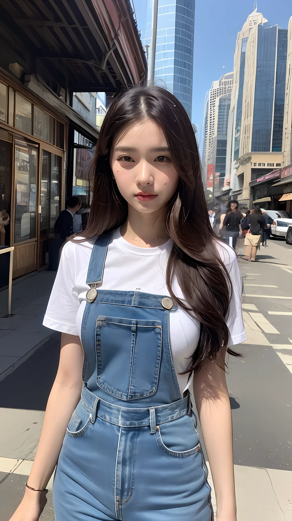 ((length hair, need, 8K, masterpaintings:1.3)), body complet, Long legs, Focalors:1.2, perfect figure beautiful woman:1.4, Slim abs:1.1, ((Dark brown hair, big tit:1.2 )), (Random color tight T-shirt, Long denim suspenders, to stand:1.2), ((City daytime, roofto:1.3)), Highly detailed facial and skin texture, detailed eye, 双眼皮,(((Do not wear jewelry around your neck))),(((Complete hands)))